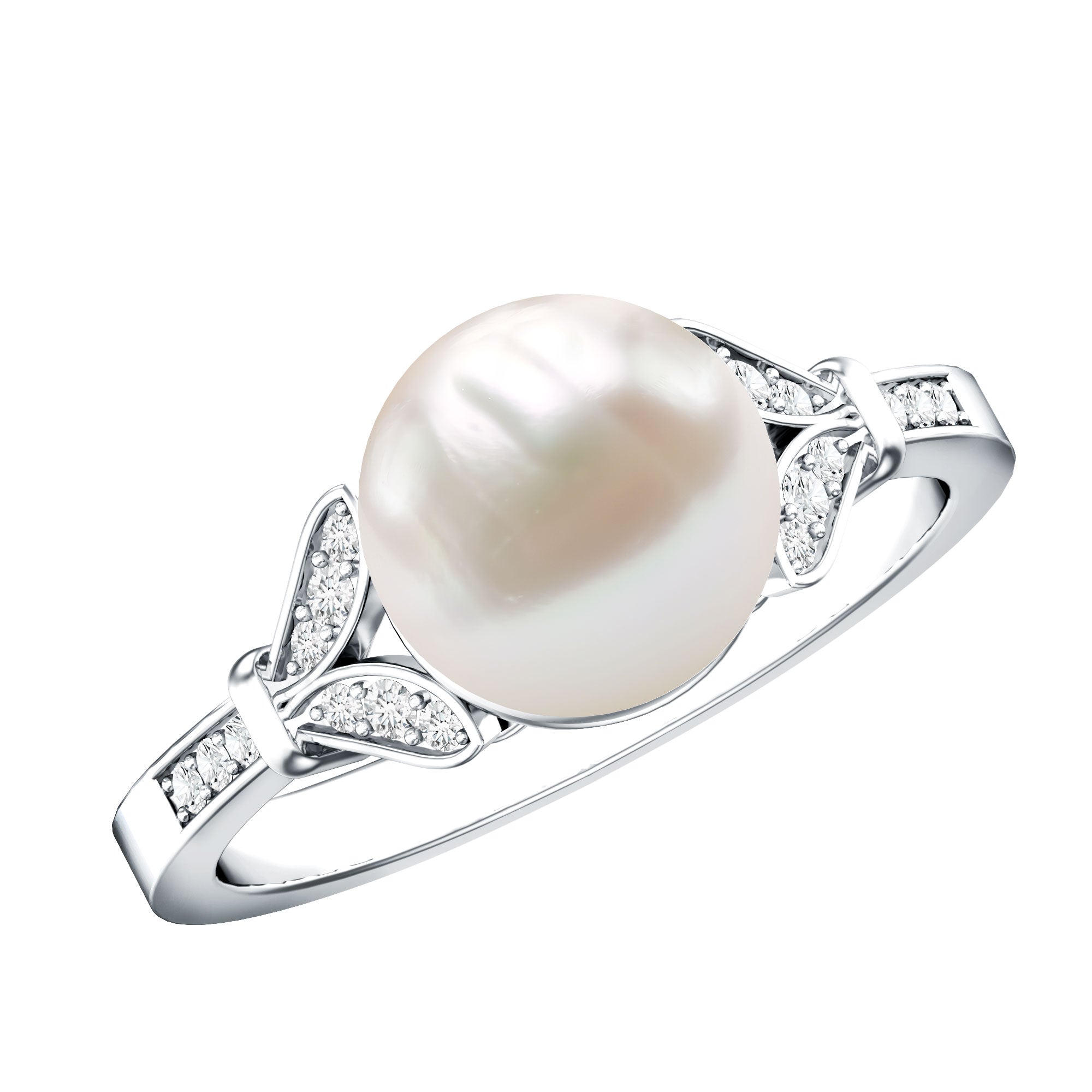 Rosec Jewels-Cultured 7.4 Carat Freshwater Pearl Diamond Engagement Ring with Split Shank