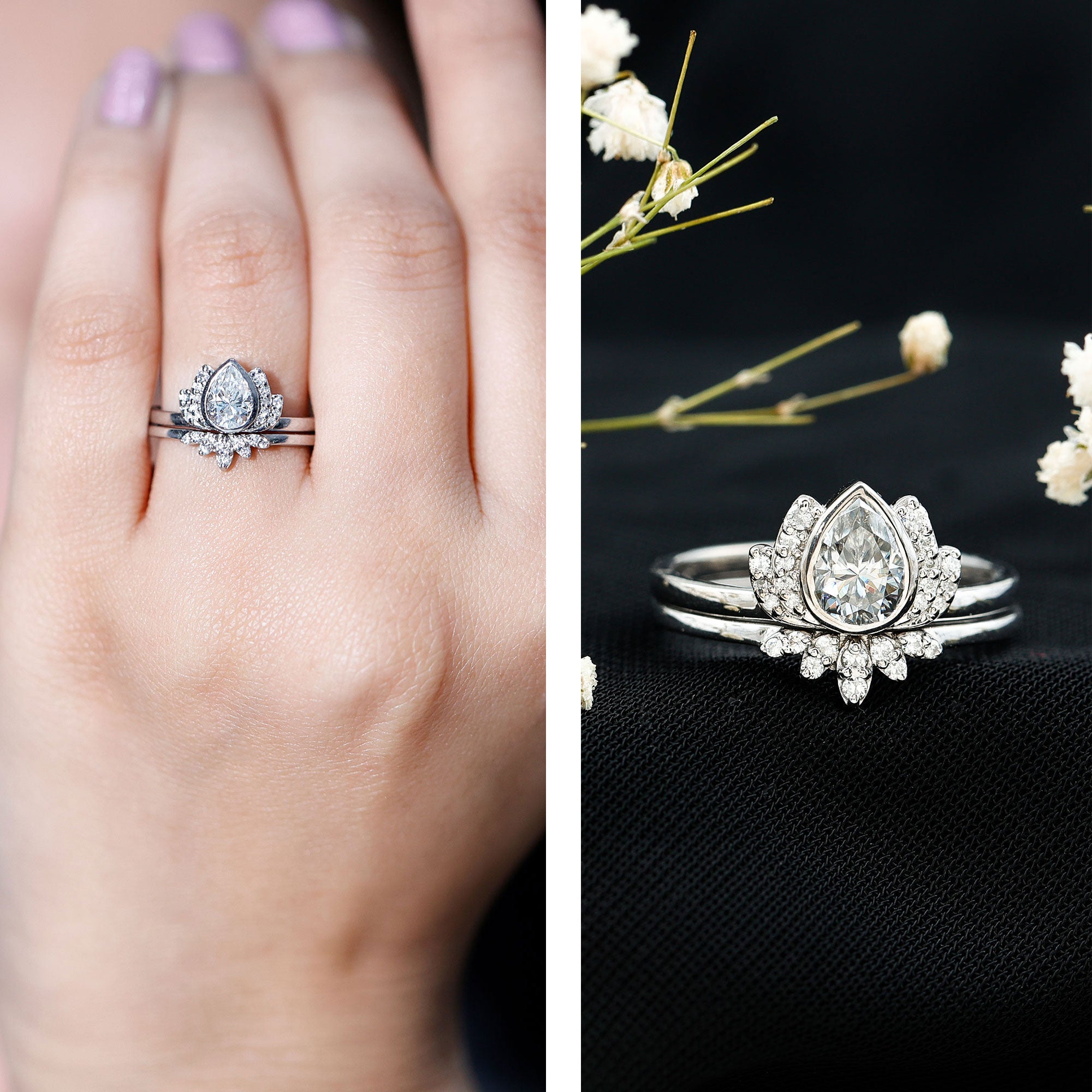 Certified Zircon Lotus Floral Bridal Wedding Ring Set AAAA - Rosec Jewels