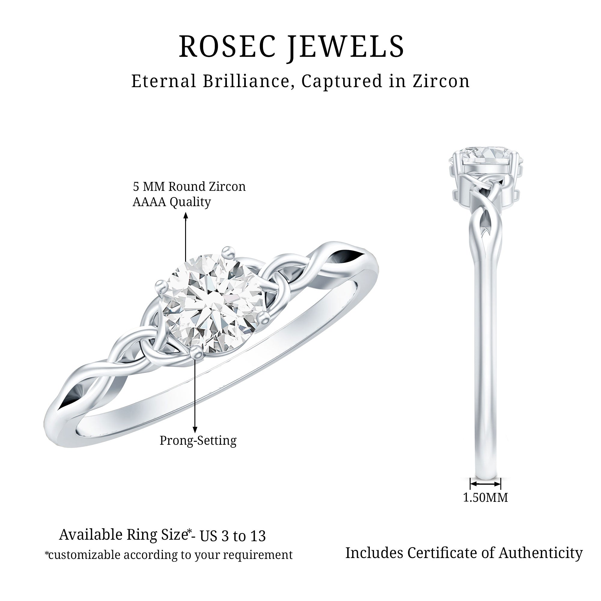 0.5 Carat Solitaire Cubic Zirconia Promise Ring with Celtic Knot AAAA - Rosec Jewels