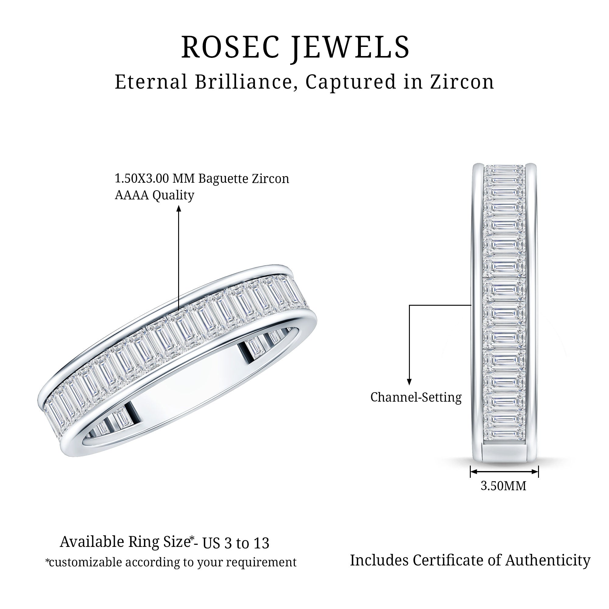 1/2 CT Channel Set Baguette Cut Zircon Eternity Band Ring AAAA - Rosec Jewels