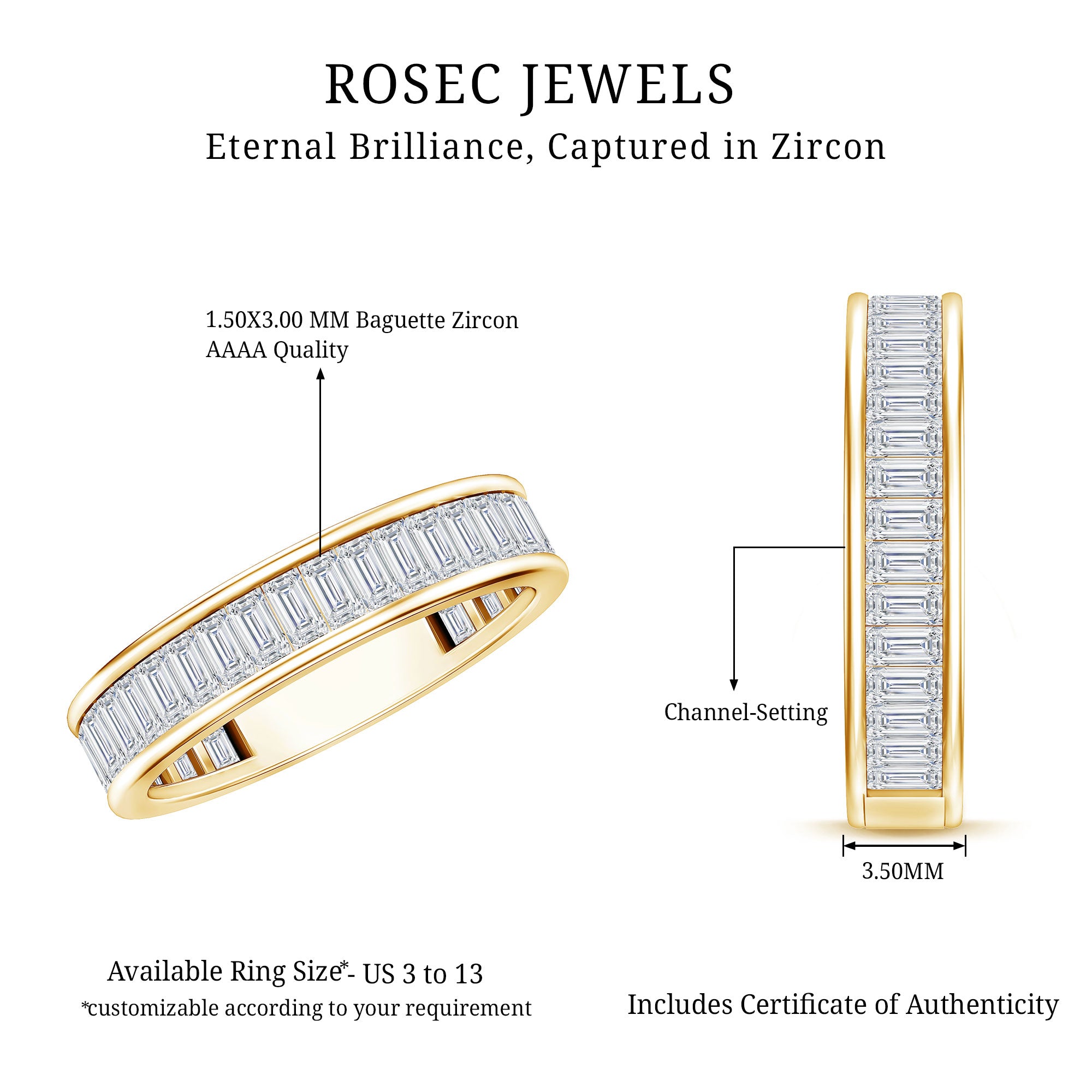 1/2 CT Channel Set Baguette Cut Zircon Eternity Band Ring AAAA - Rosec Jewels