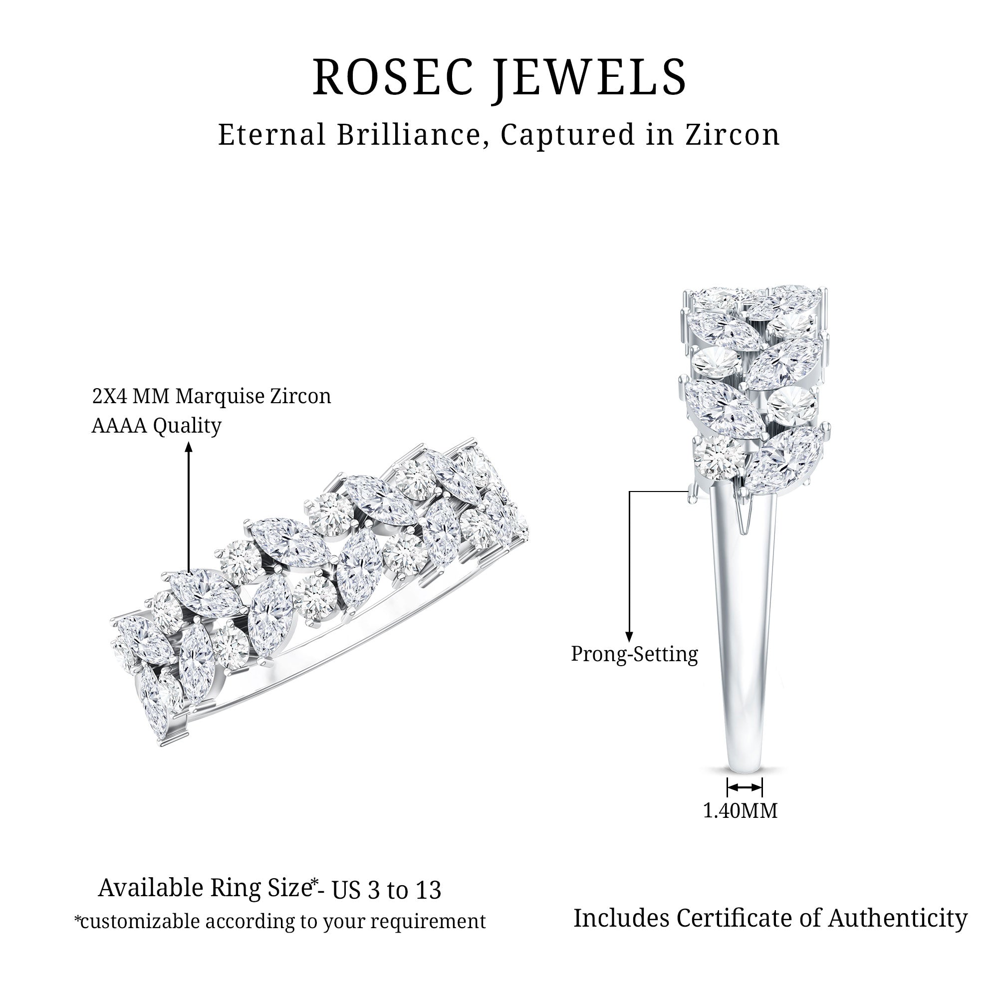 Marquise and Round Zircon Half Eternity Band Ring AAAA - Rosec Jewels