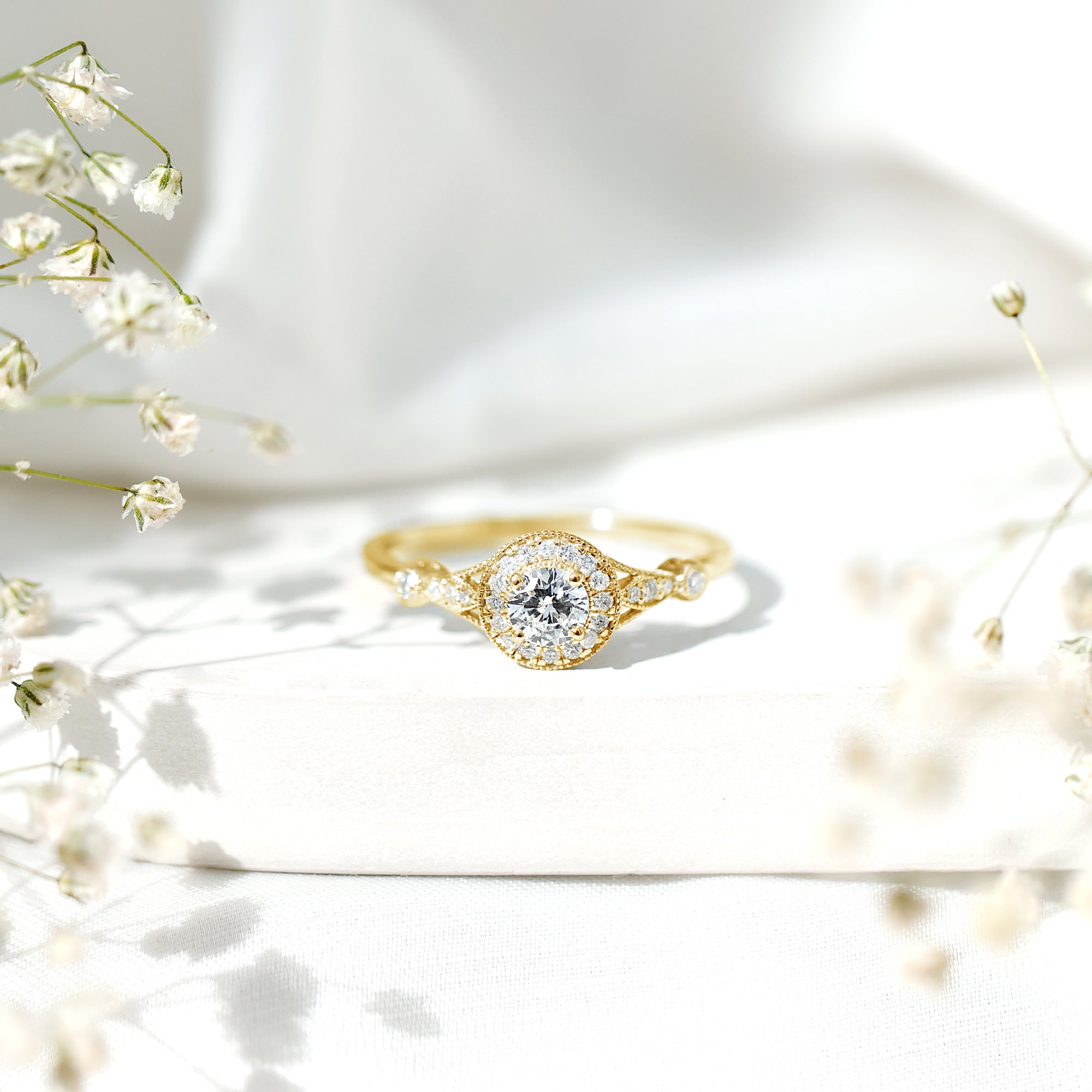 Antique Inspired Zircon Halo Engagement Ring AAAA - Rosec Jewels