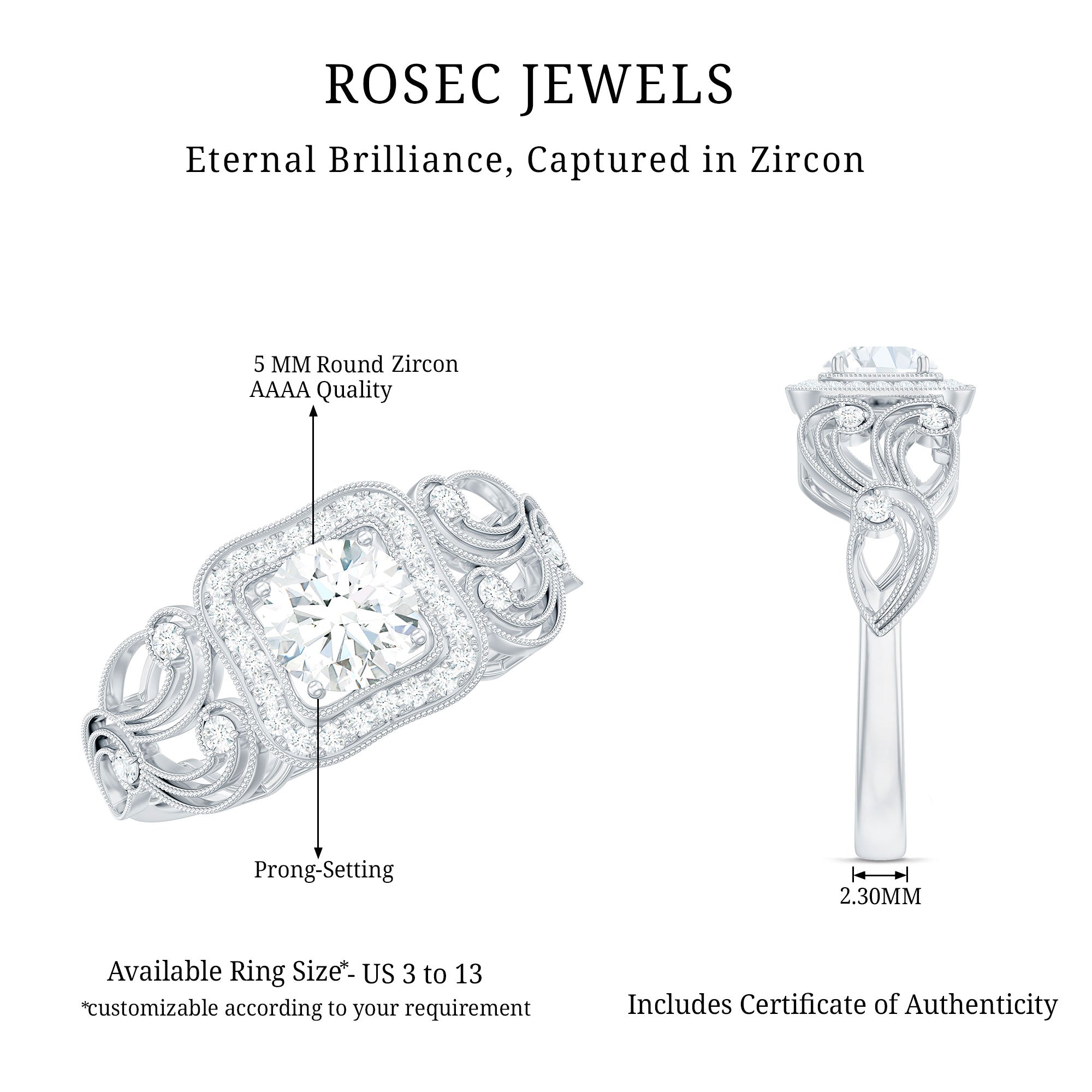 Rosec Jewels-Zircon Vintage Inspired Halo Engagement Ring