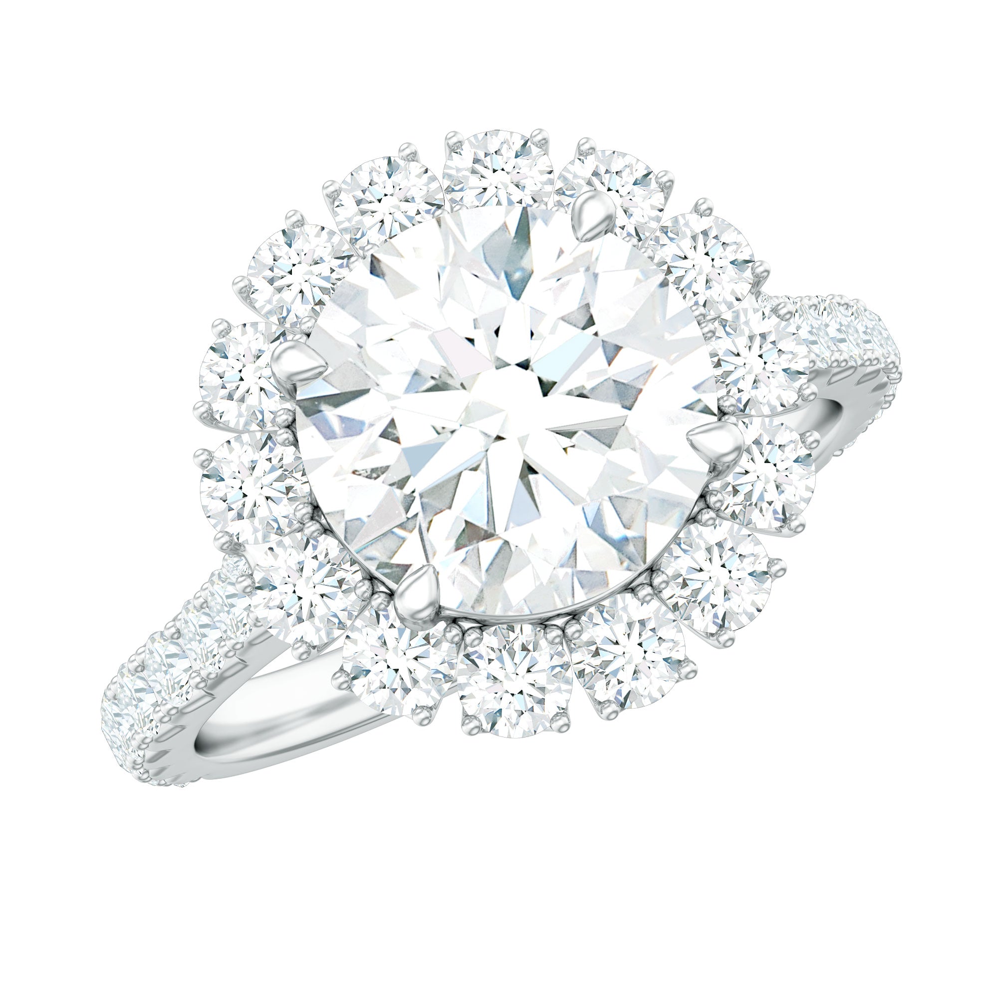 Zircon Round Engagement Ring with Floating Halo and Side Stones AAAA - Rosec Jewels