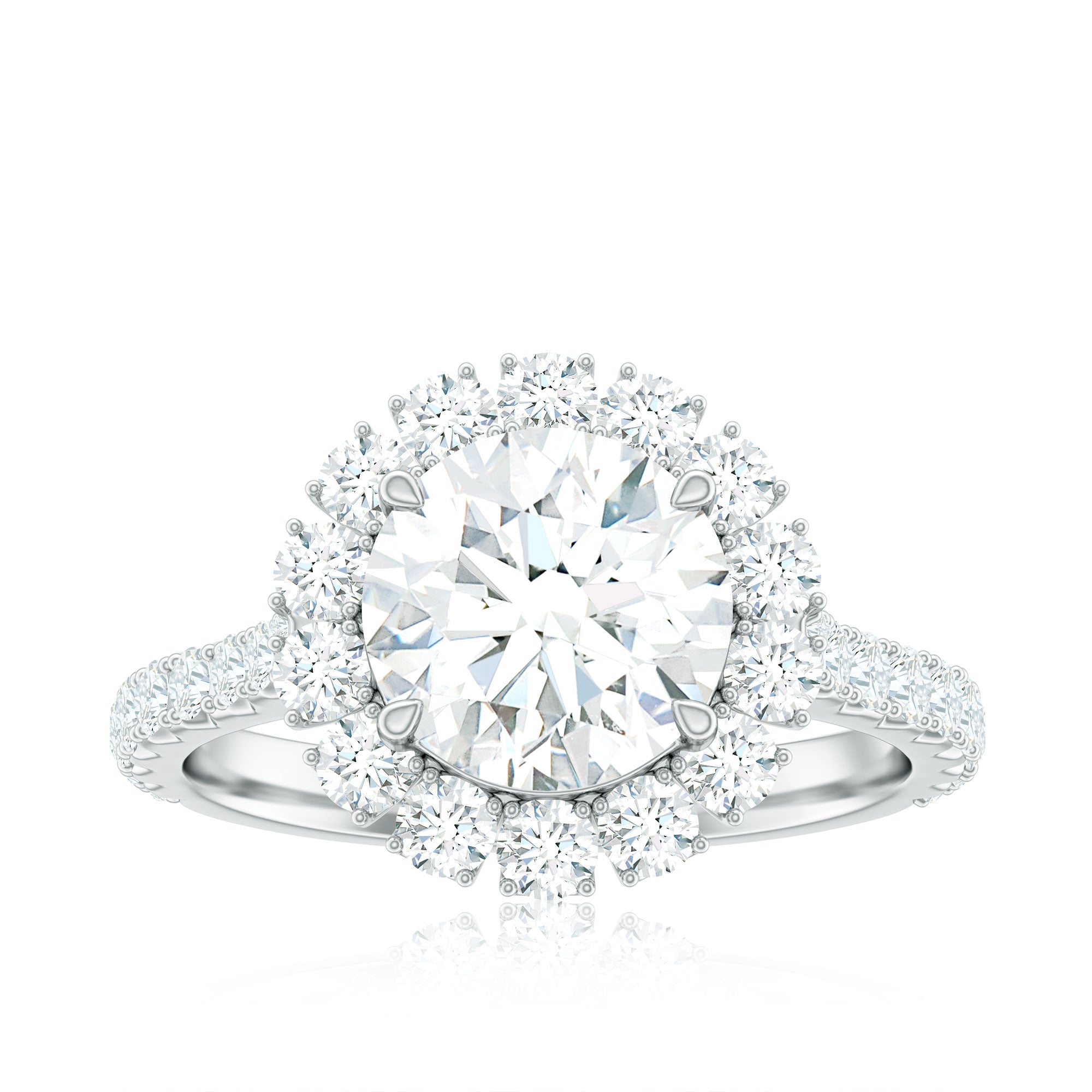 Zircon Round Engagement Ring with Floating Halo and Side Stones AAAA - Rosec Jewels