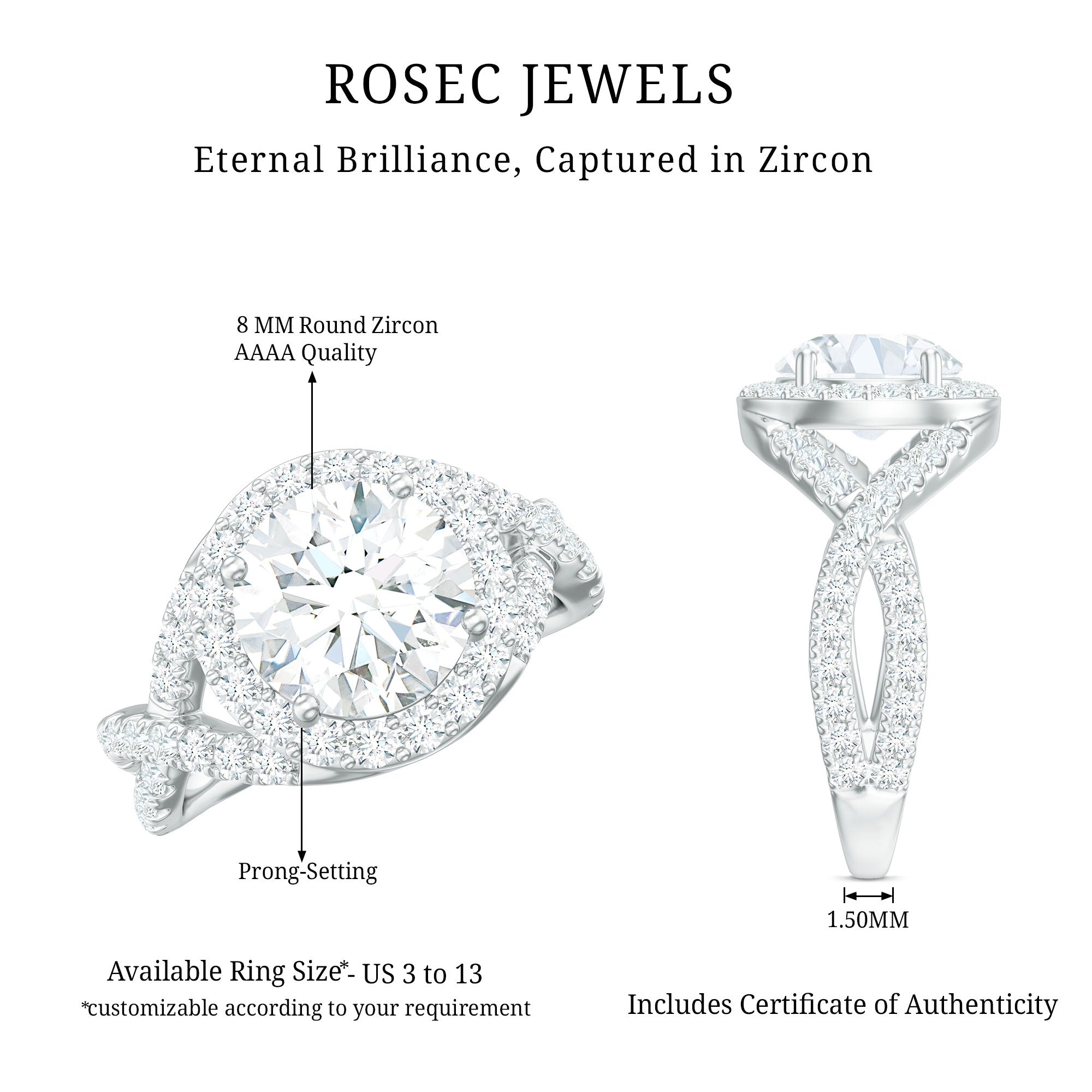 2 Carat Round Shape Zircon Crossover Engagement Ring AAAA - Rosec Jewels