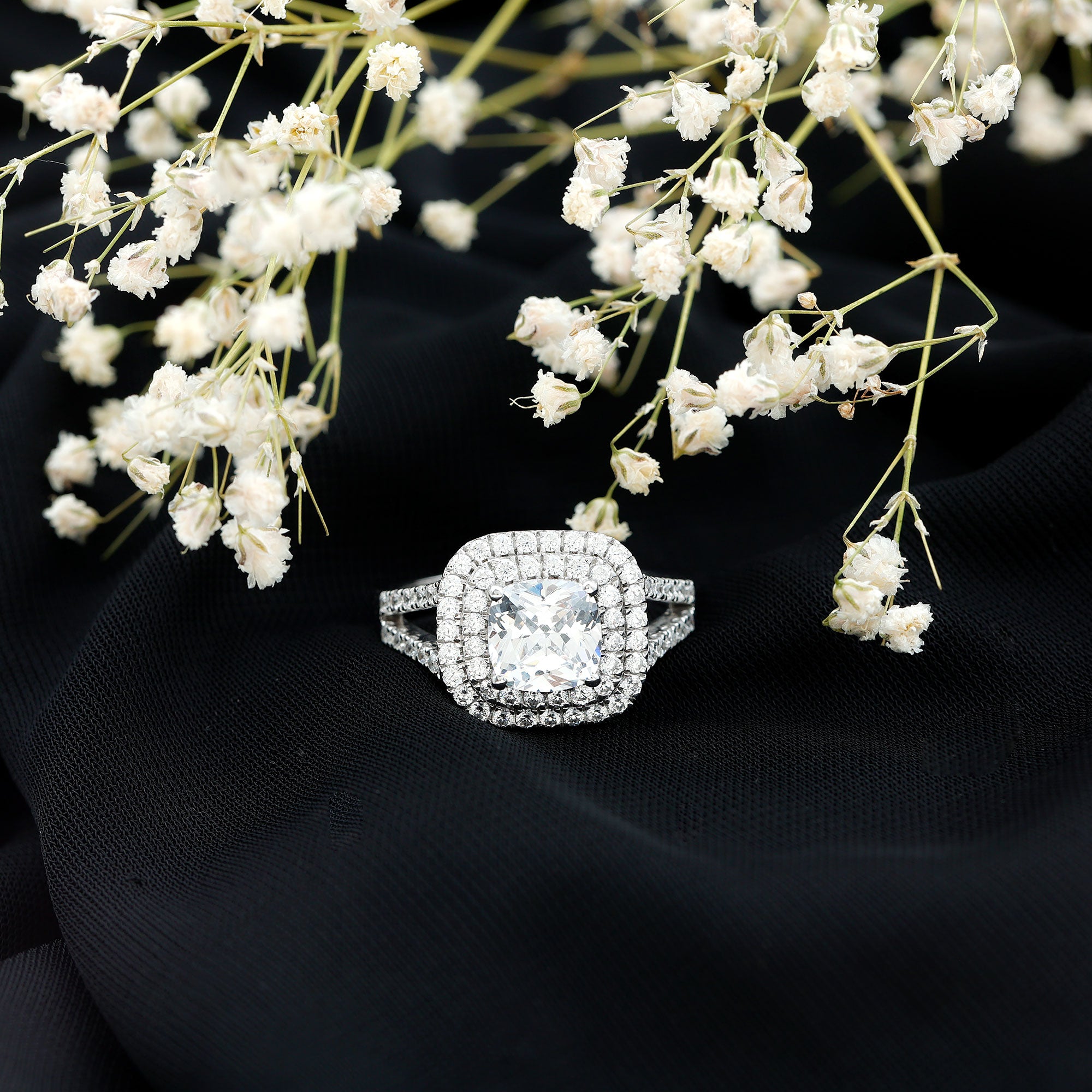 Vintage Style Cubic Zirconia Double Halo Engagement Ring with Split Shank AAAA - Rosec Jewels