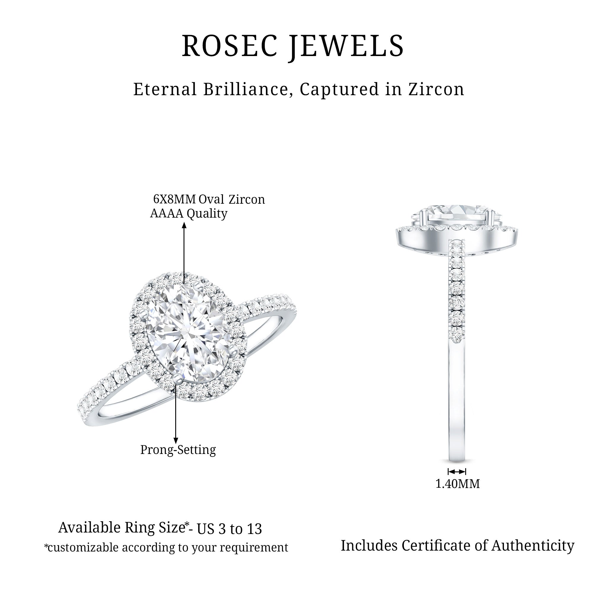 Oval Zircon Halo Engagement Ring AAAA - Rosec Jewels