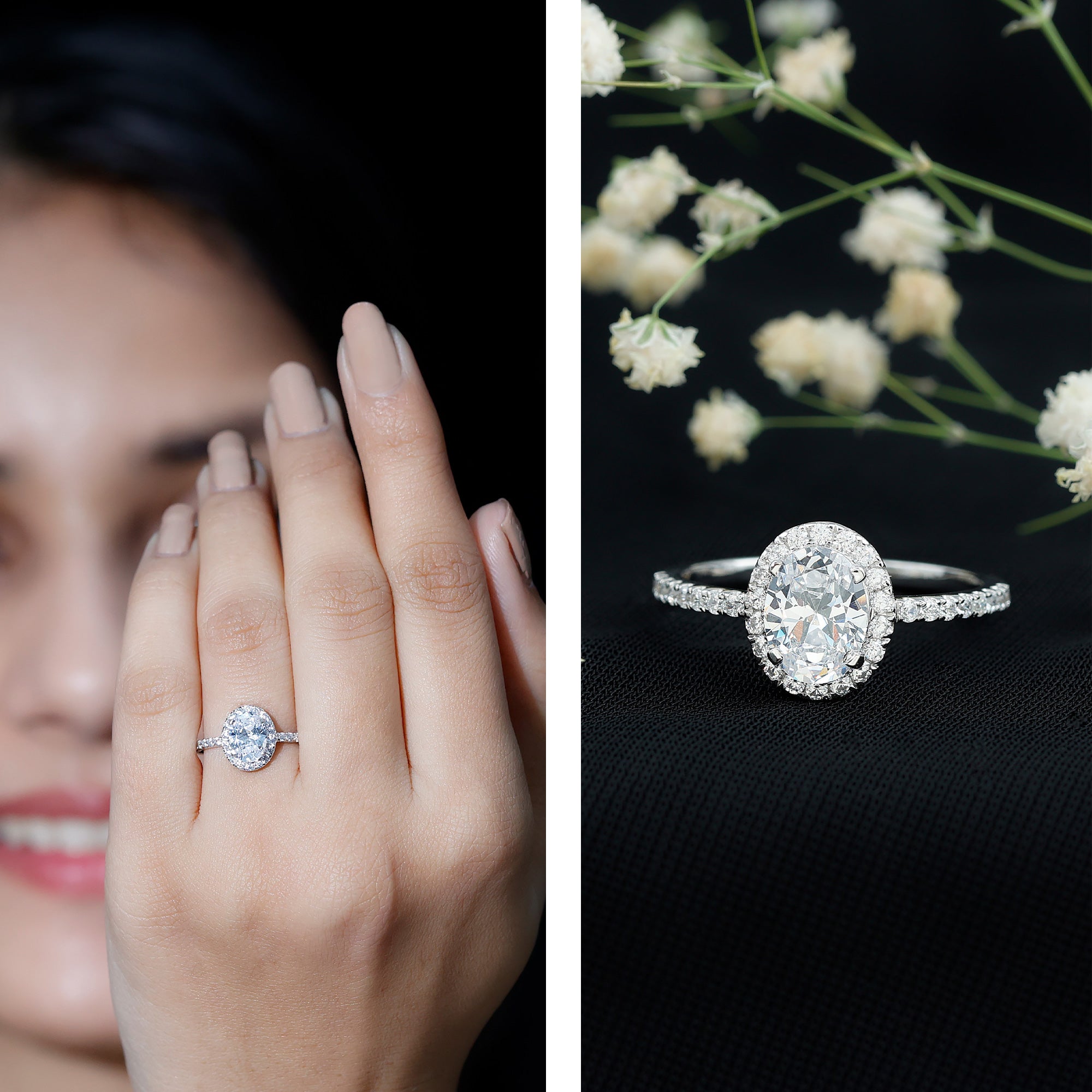 Oval Zircon Halo Engagement Ring AAAA - Rosec Jewels