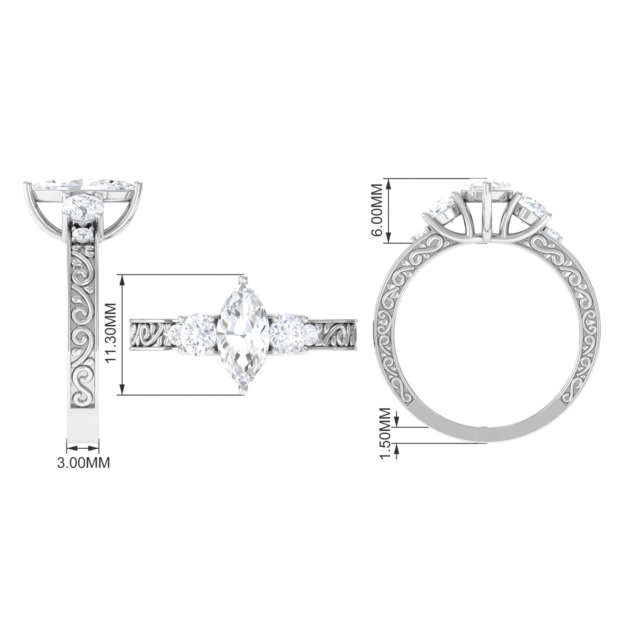 Certified Zircon Three Stone Engraved Band Ring AAAA - Rosec Jewels