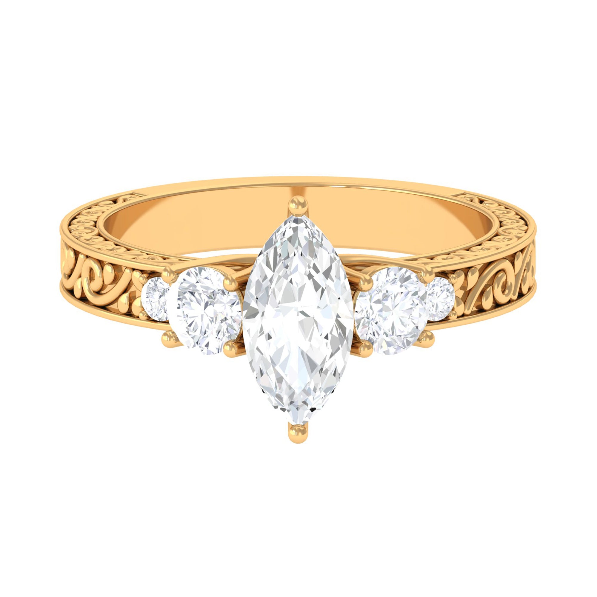 Certified Zircon Three Stone Engraved Band Ring AAAA - Rosec Jewels