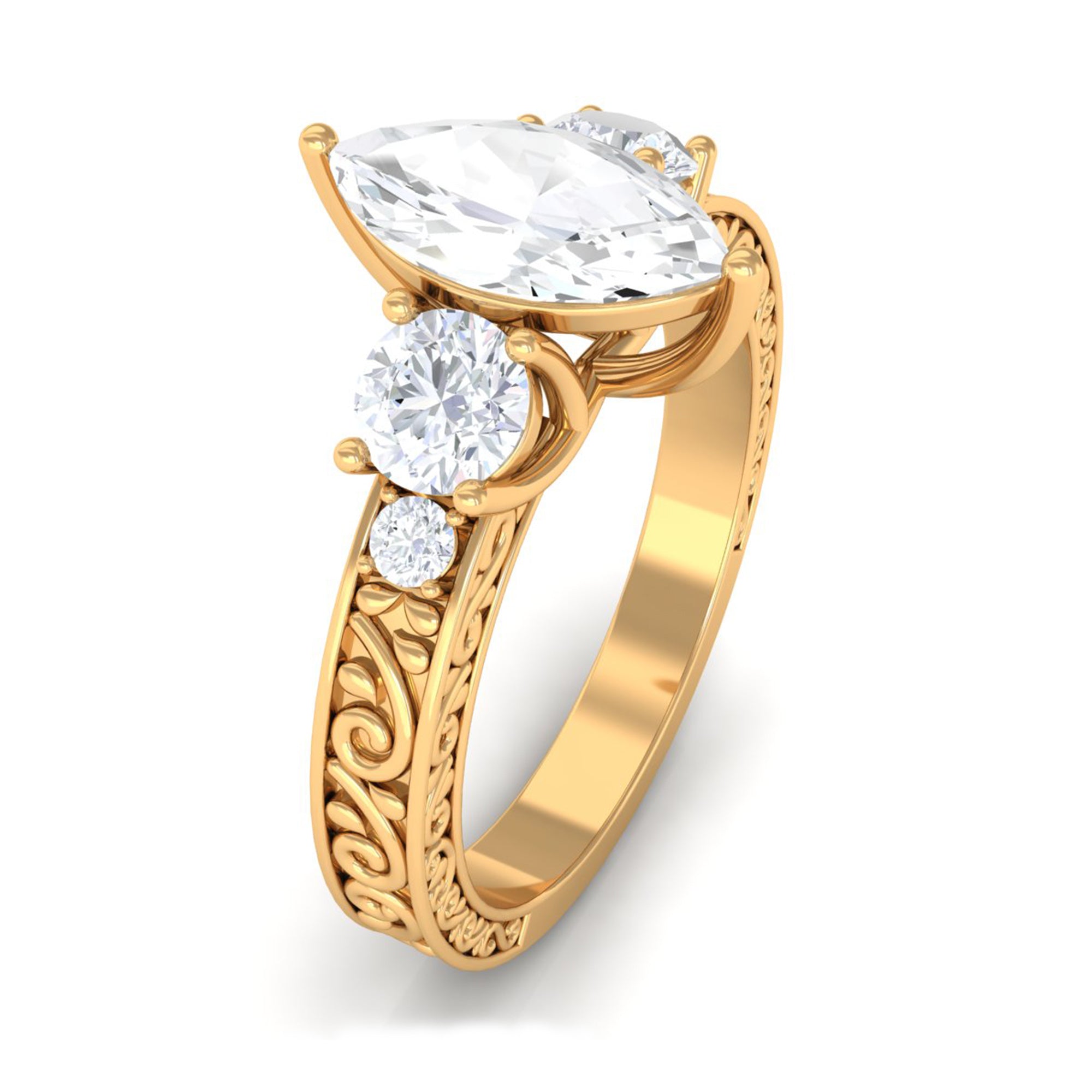 Certified Zircon Three Stone Engraved Band Ring AAAA - Rosec Jewels