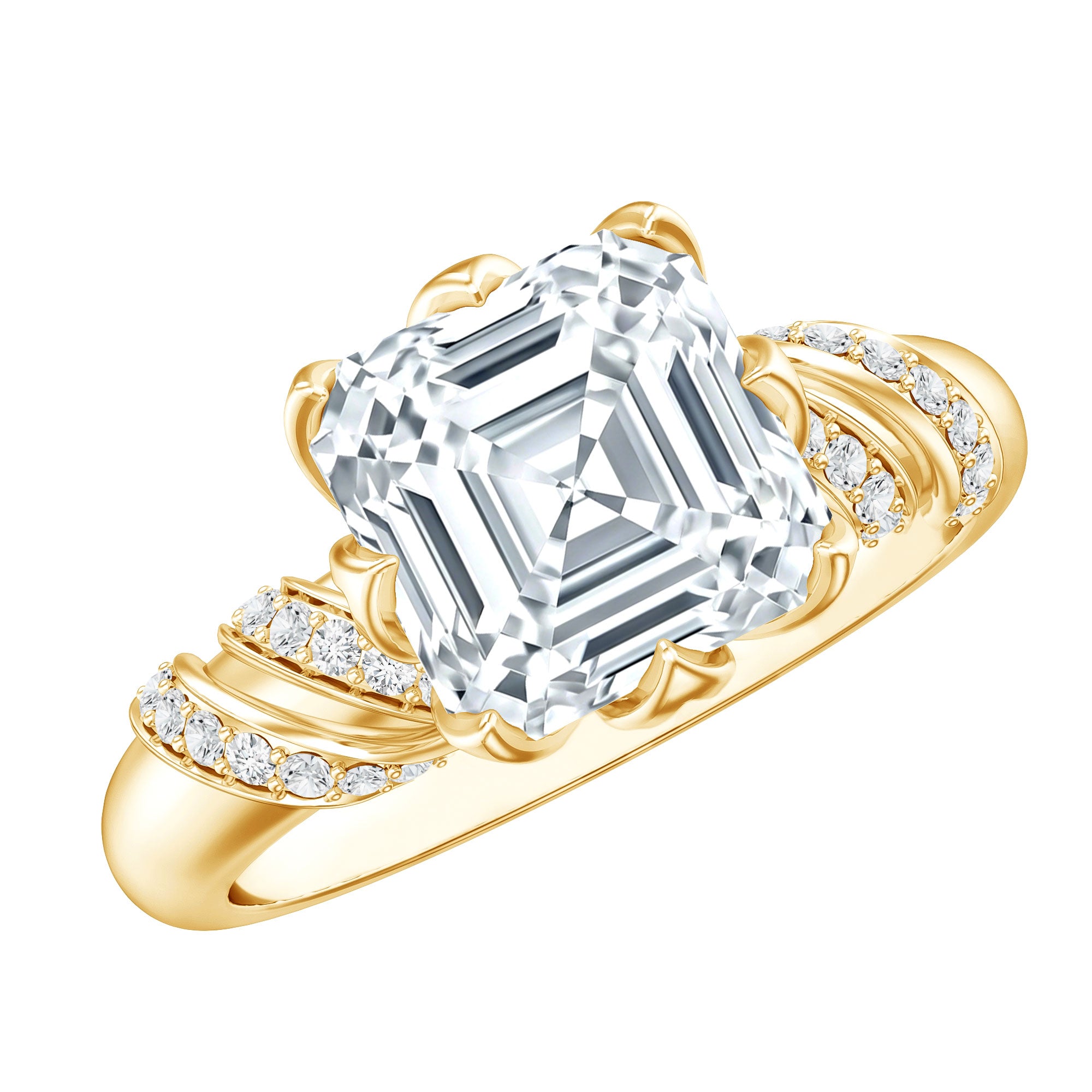 3.5 CT Asscher Zircon Designer Solitaire Engagement Ring in Petal Prong Setting AAAA - Rosec Jewels