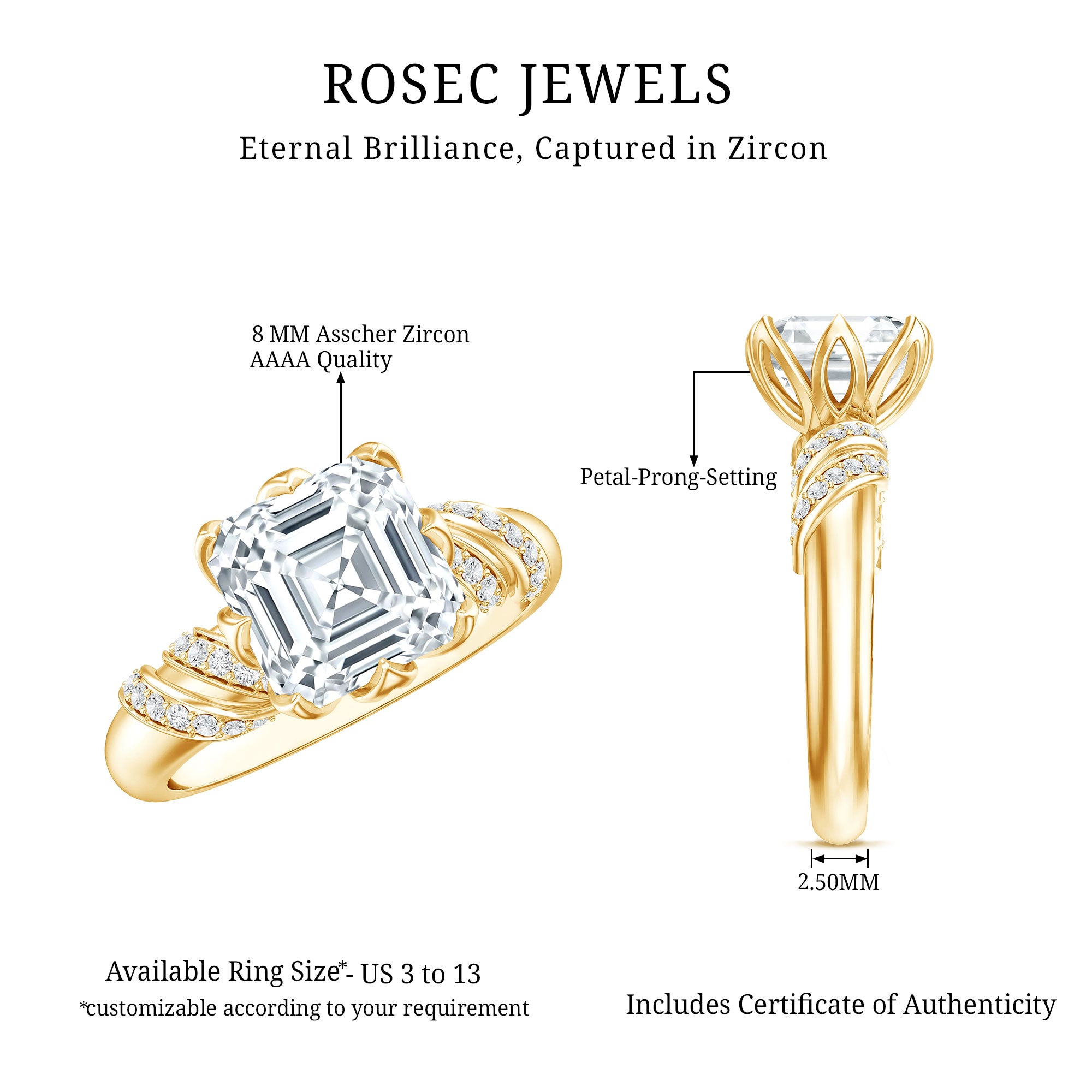 3.5 CT Asscher Zircon Designer Solitaire Engagement Ring in Petal Prong Setting AAAA - Rosec Jewels