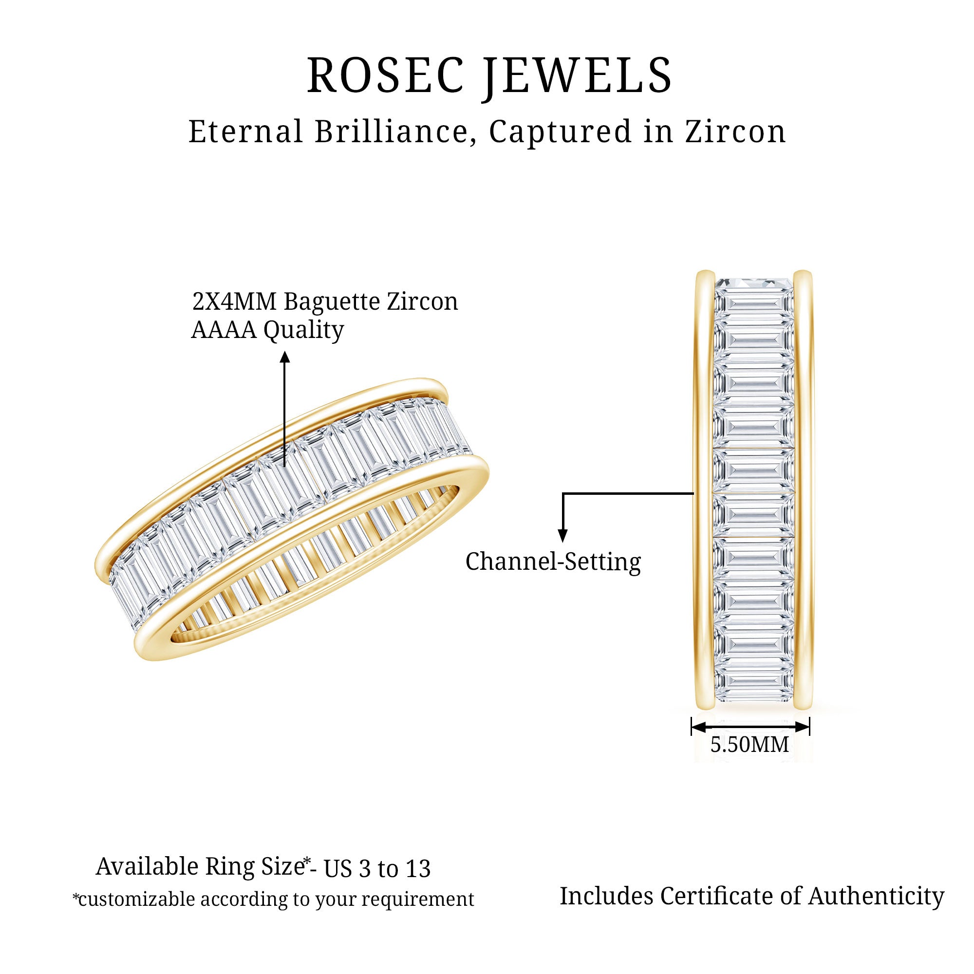 Channel Set Cubic Zirconia Baguette Wedding Band with Certificate AAAA - Rosec Jewels