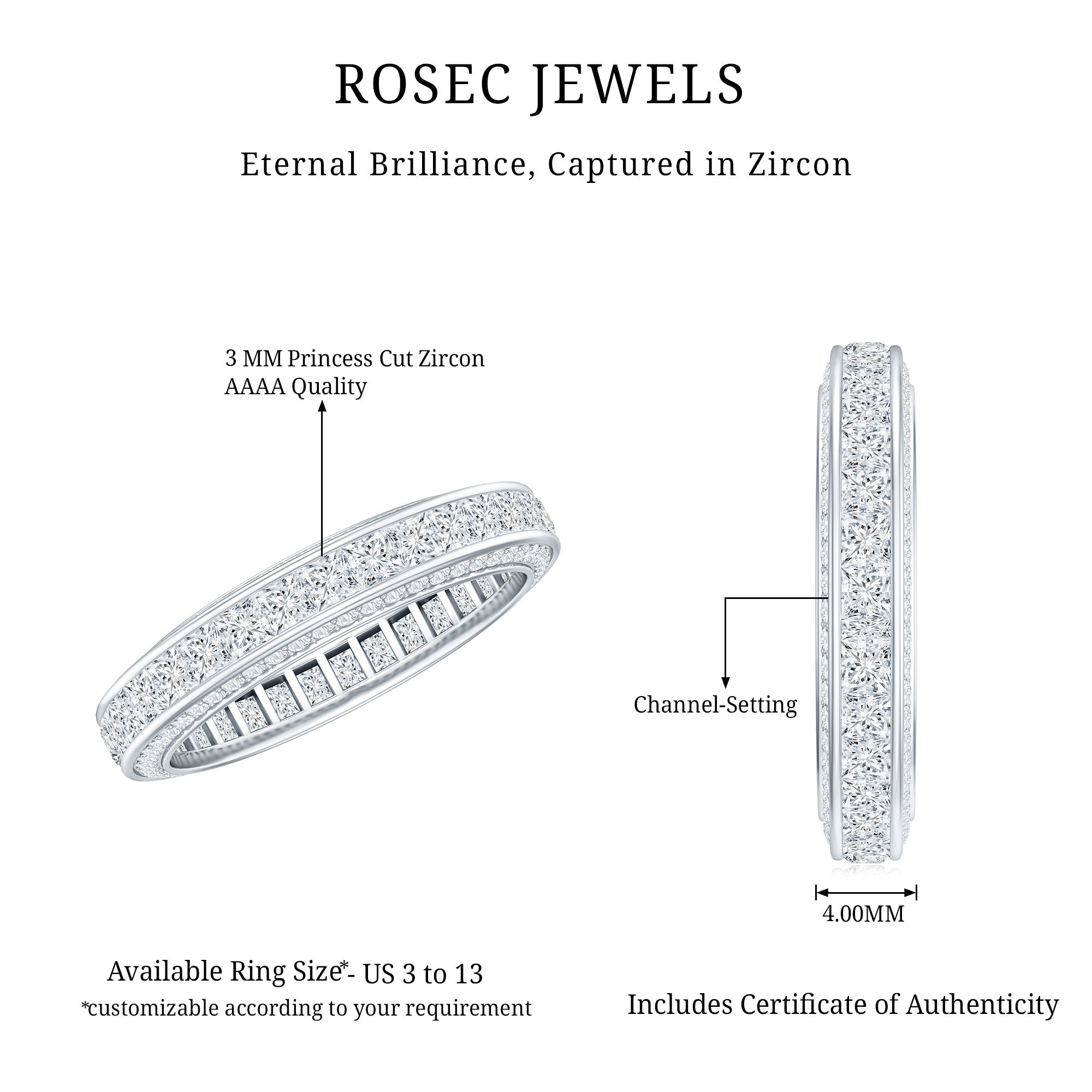Princess Cut Zircon Full Eternity Band Ring AAAA - Rosec Jewels