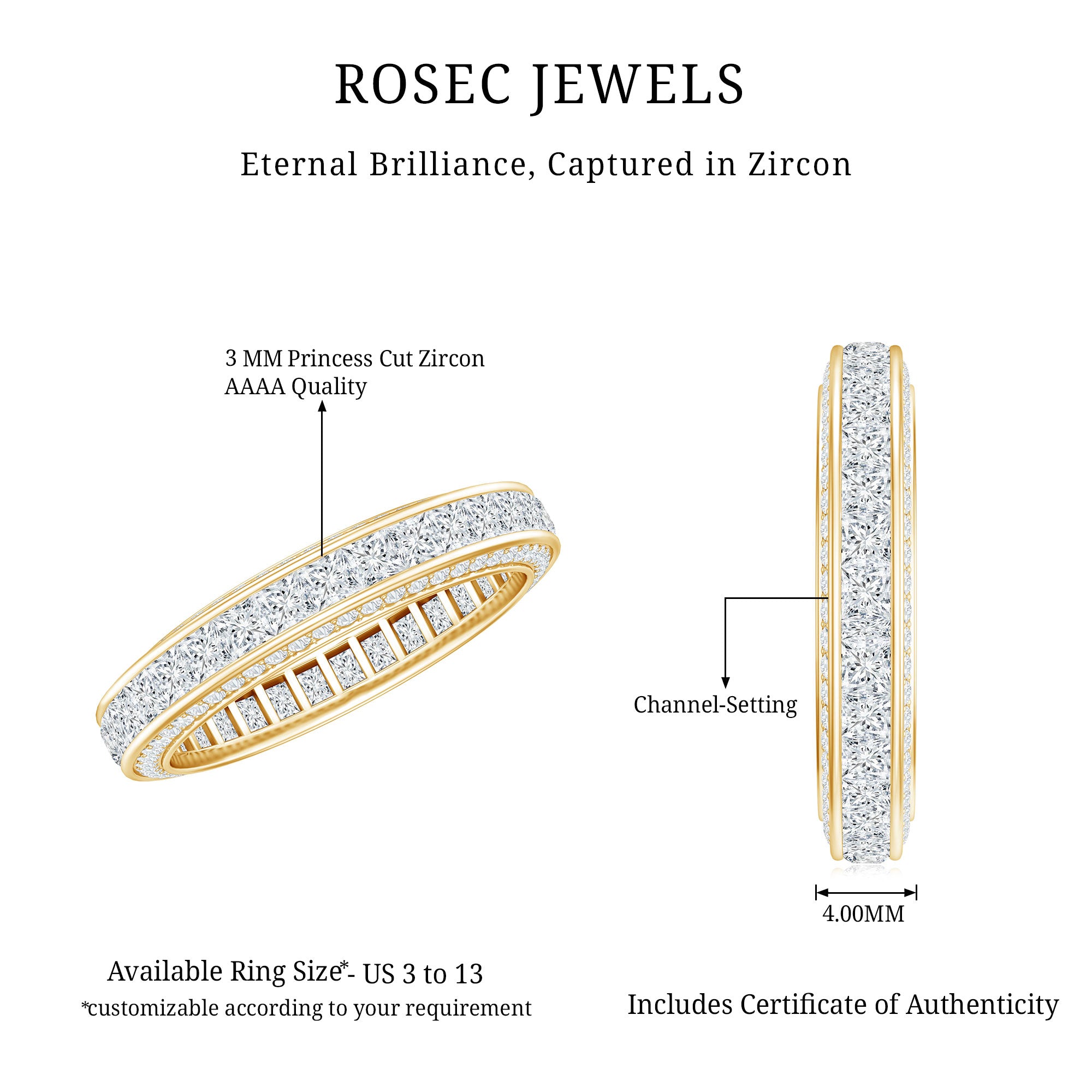 Princess Cut Zircon Full Eternity Band Ring AAAA - Rosec Jewels