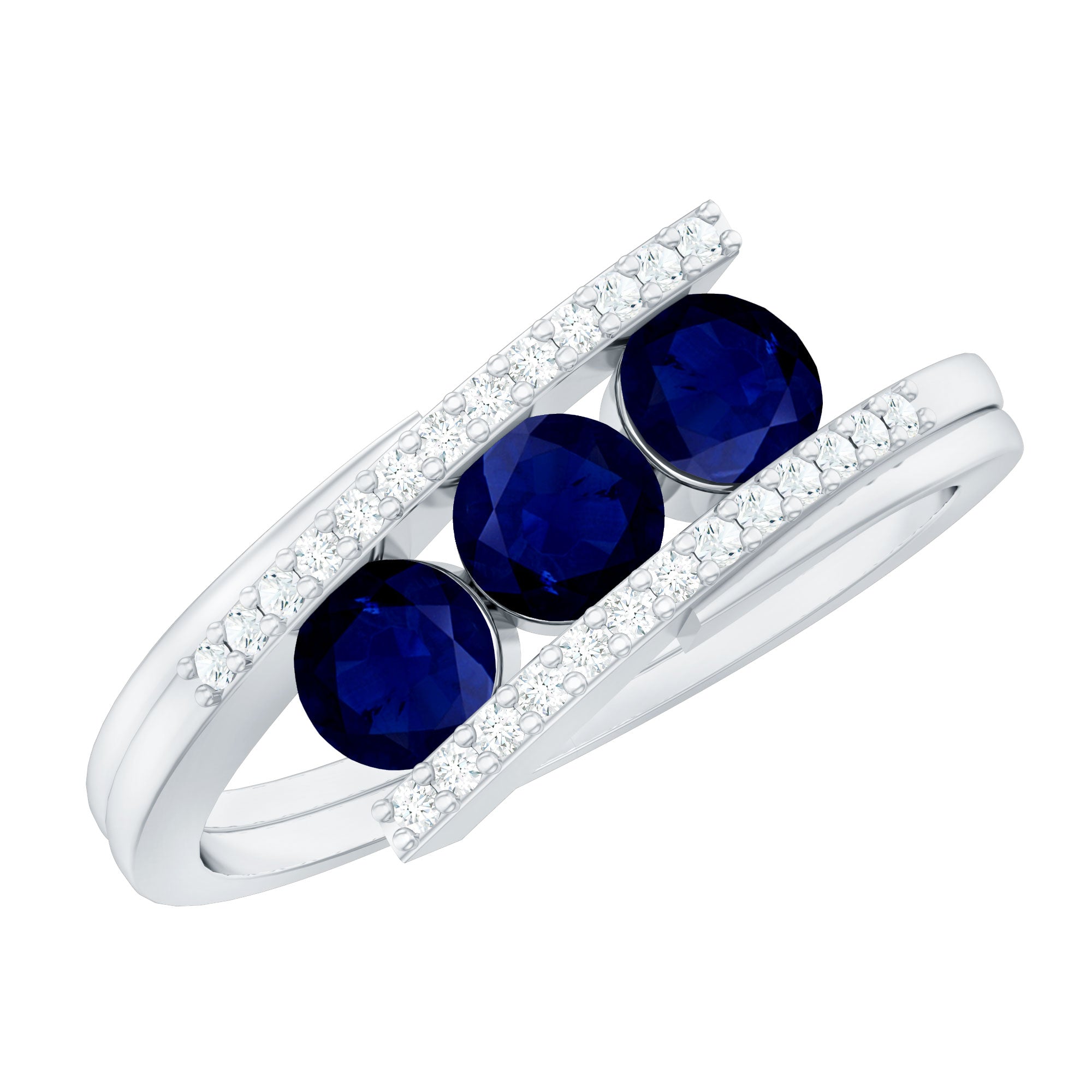 Real Blue Sapphire 3 Stone Promise Ring with Diamond Bypass Shank AAA - Rosec Jewels