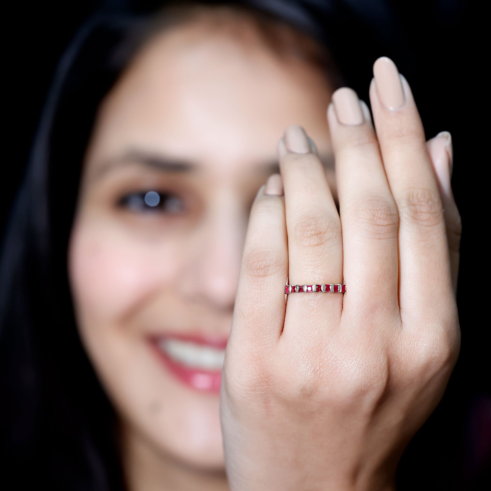 Rosec Jewels-Natural Princess Cut Ruby Half Eternity Ring for Women