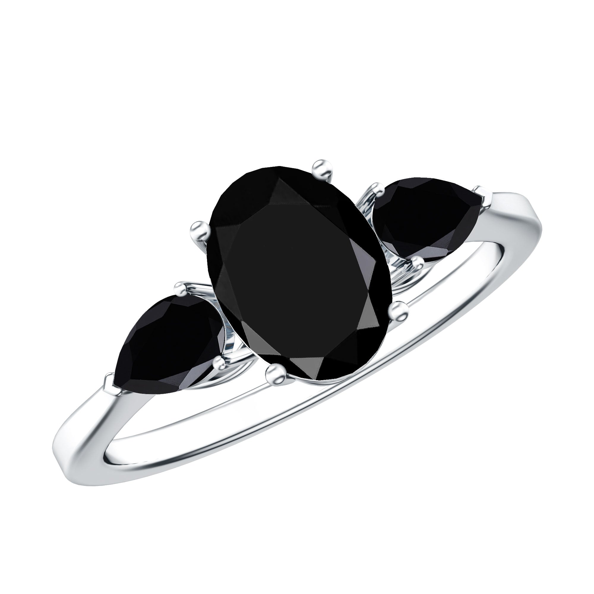 Natural Black Onyx Three Stone Engagement Ring AAA - Rosec Jewels