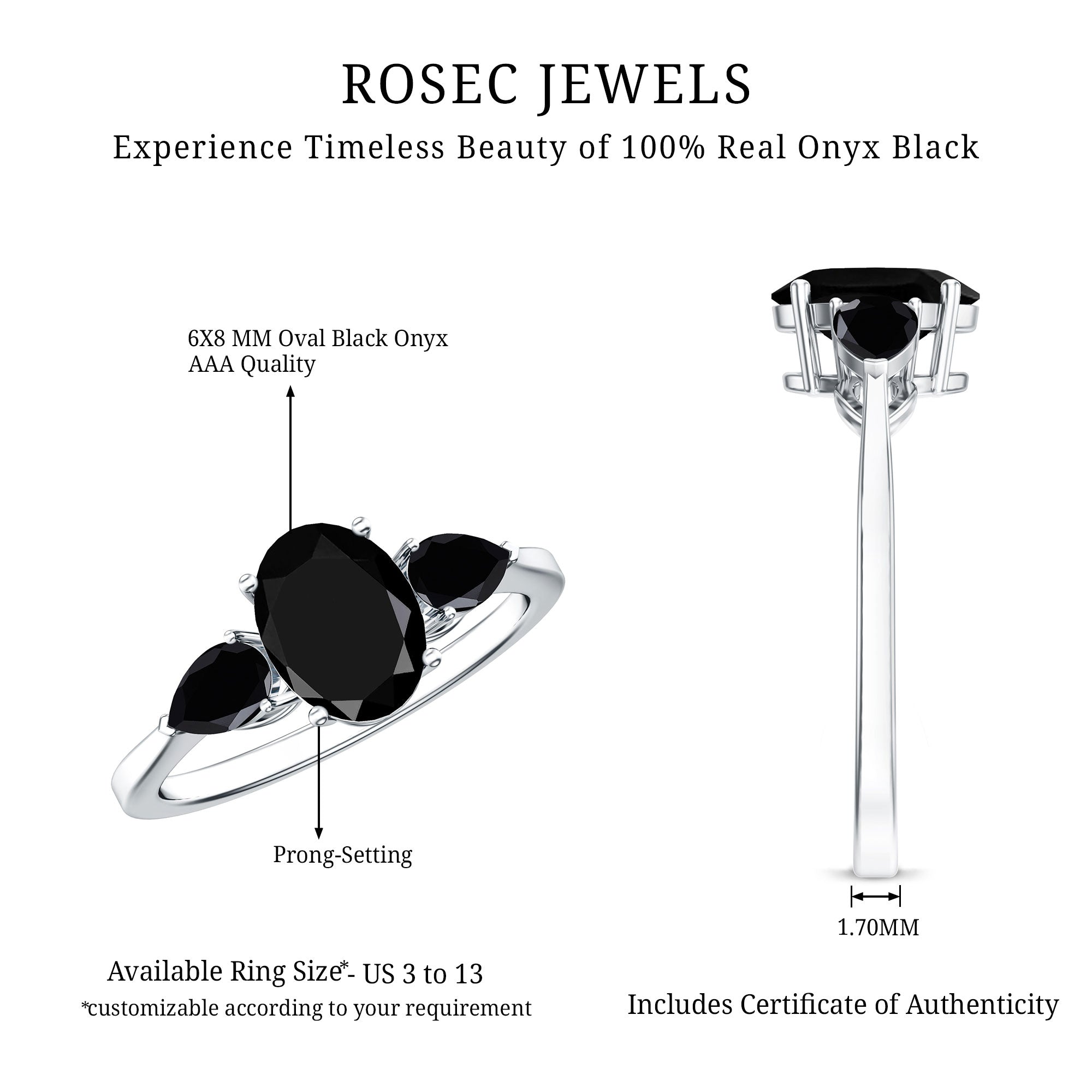 Natural Black Onyx Three Stone Engagement Ring AAA - Rosec Jewels