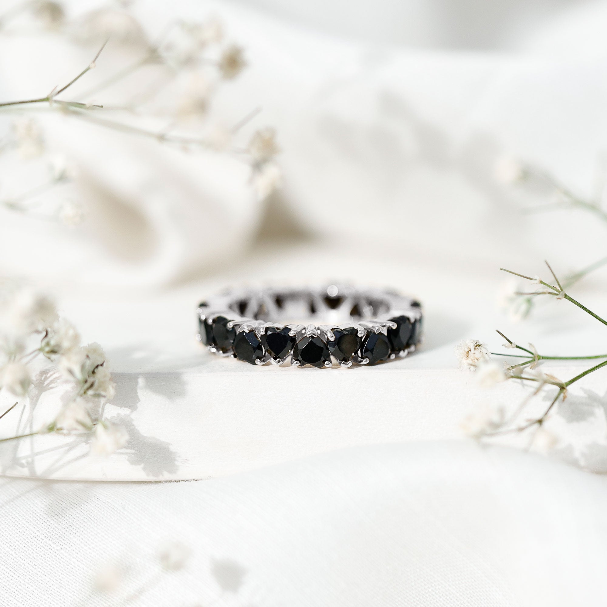 Heart Shaped Black Onyx Eternity Wedding Band AAA - Rosec Jewels