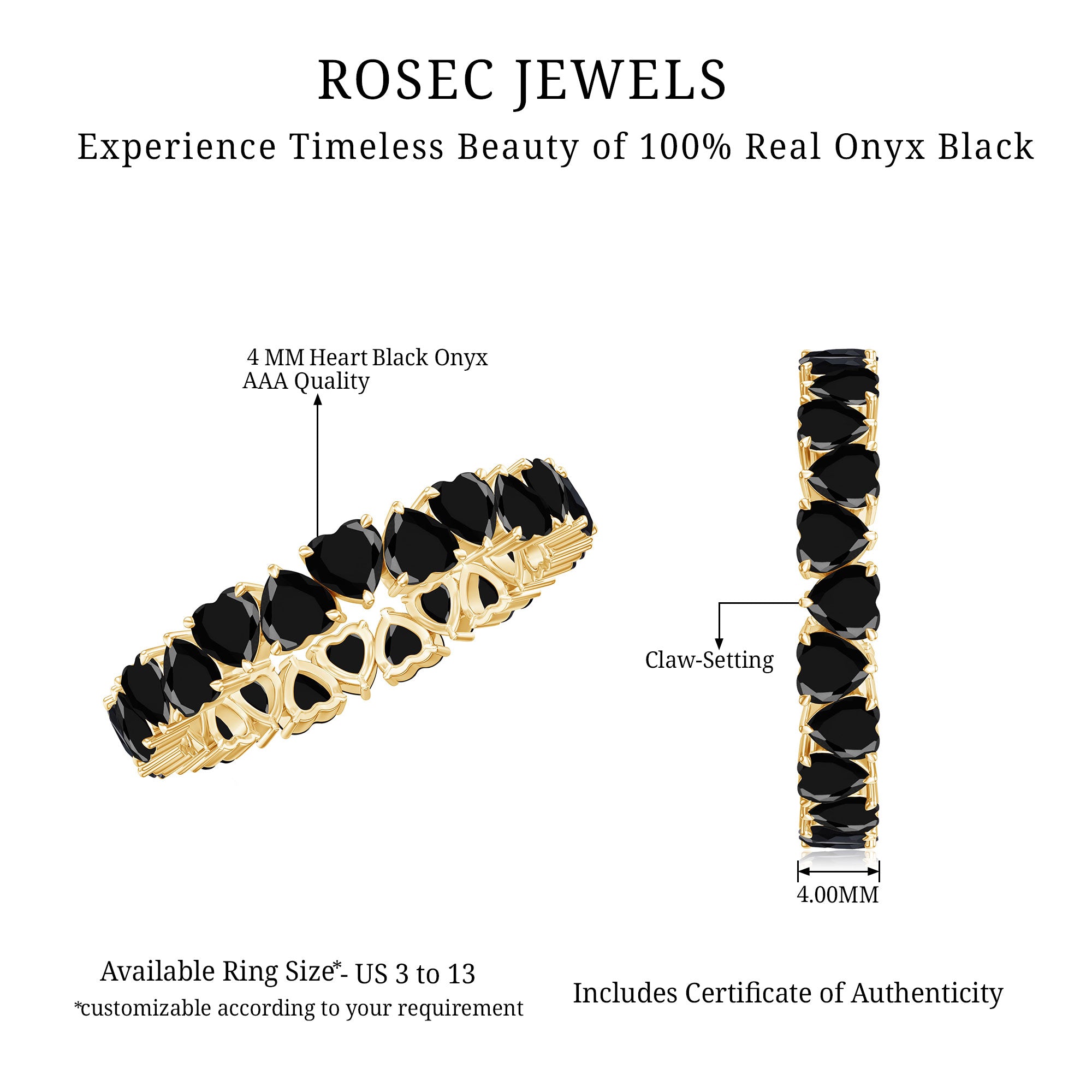Heart Shaped Black Onyx Eternity Wedding Band AAA - Rosec Jewels