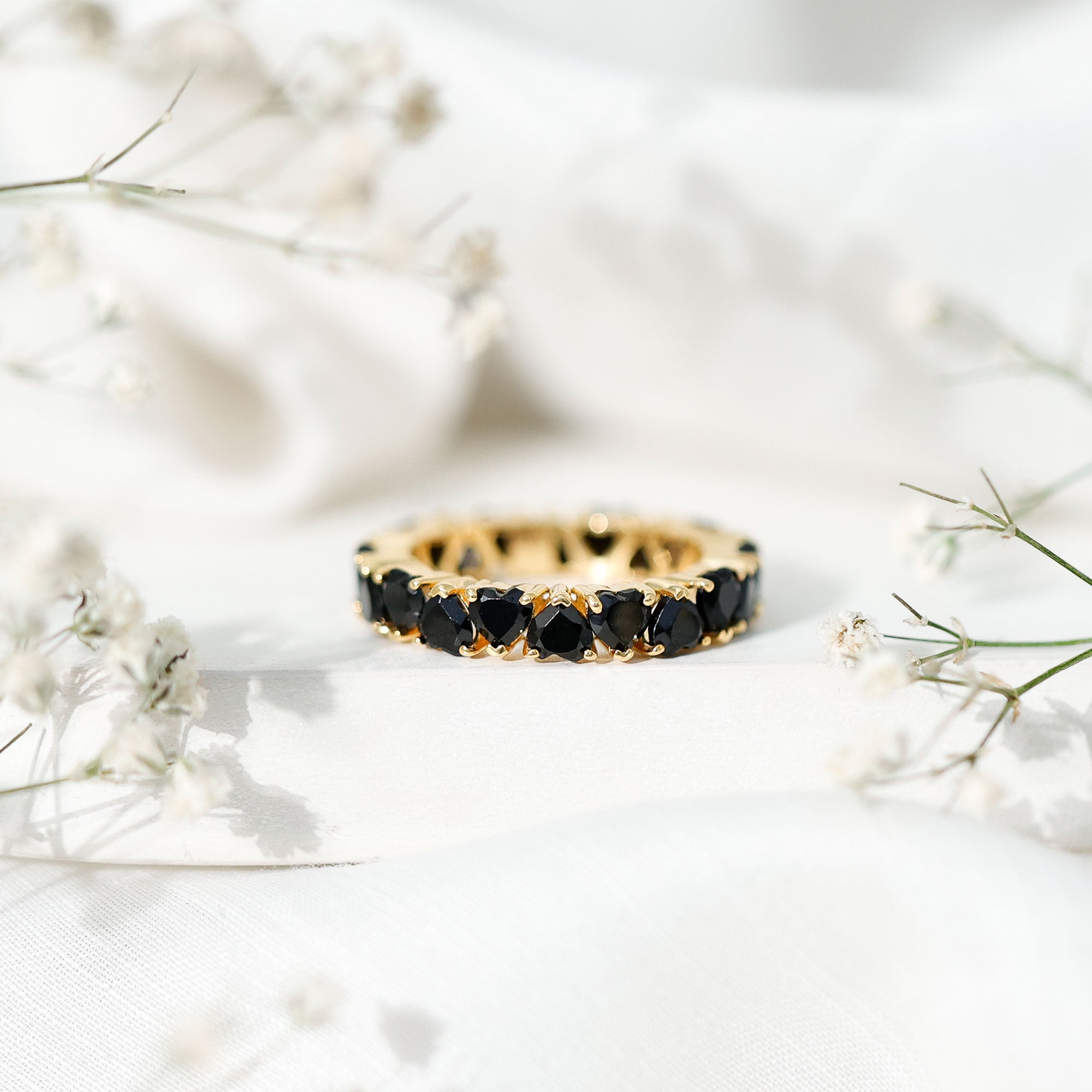 Heart Shaped Black Onyx Eternity Wedding Band AAA - Rosec Jewels
