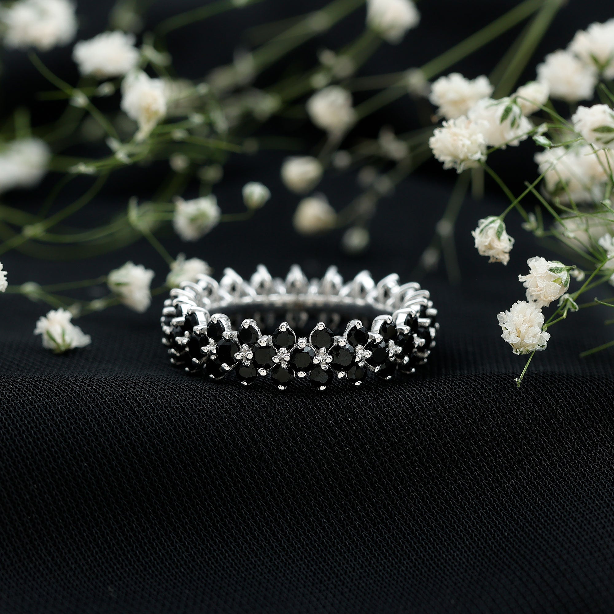 Rosec Jewels-Round Cut Black Onyx Cluster Wedding Band for Women