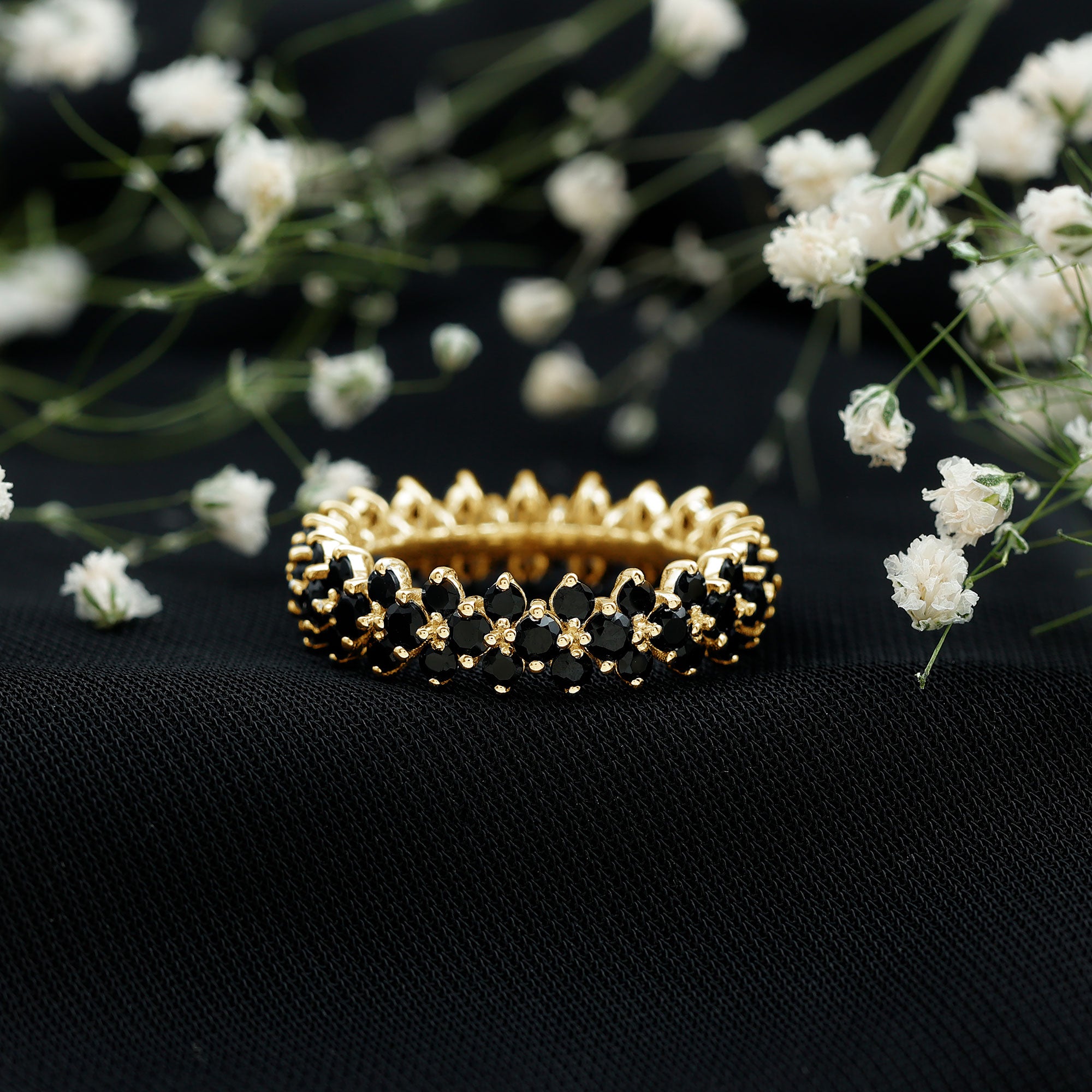 Rosec Jewels-Round Cut Black Onyx Cluster Wedding Band for Women