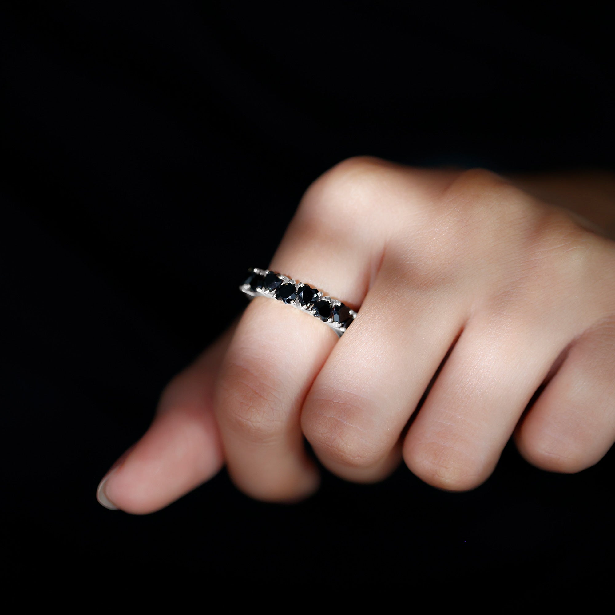 Claw Set Heart Shape Black Spinel Eternity Band Ring AAA - Rosec Jewels