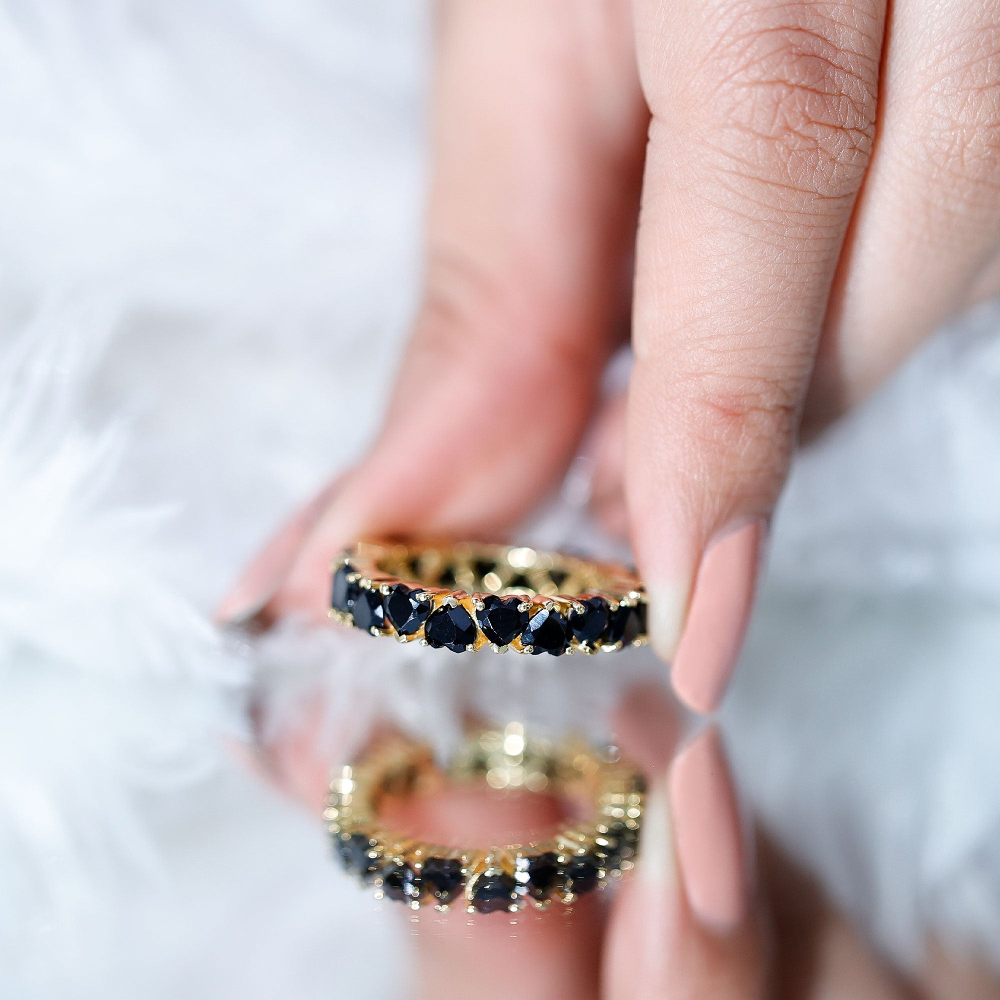 Claw Set Heart Shape Black Spinel Eternity Band Ring AAA - Rosec Jewels