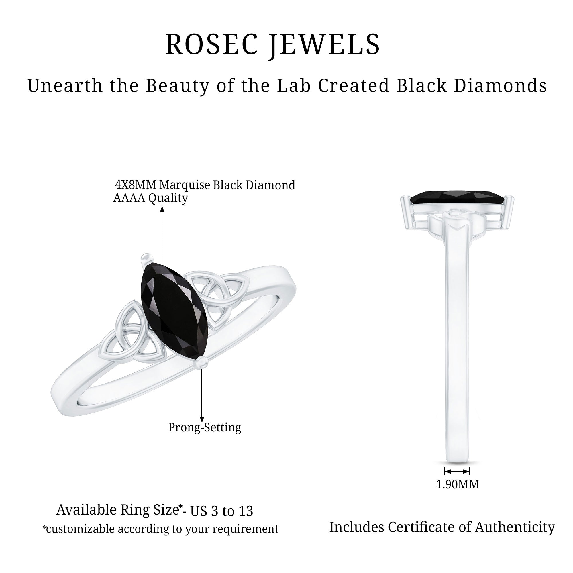 Certified 0.8 Carat Lab Grown Black Diamond Marquise Promise Ring with Celtic Knot AAAA ( Synthetic ) - Rosec Jewels