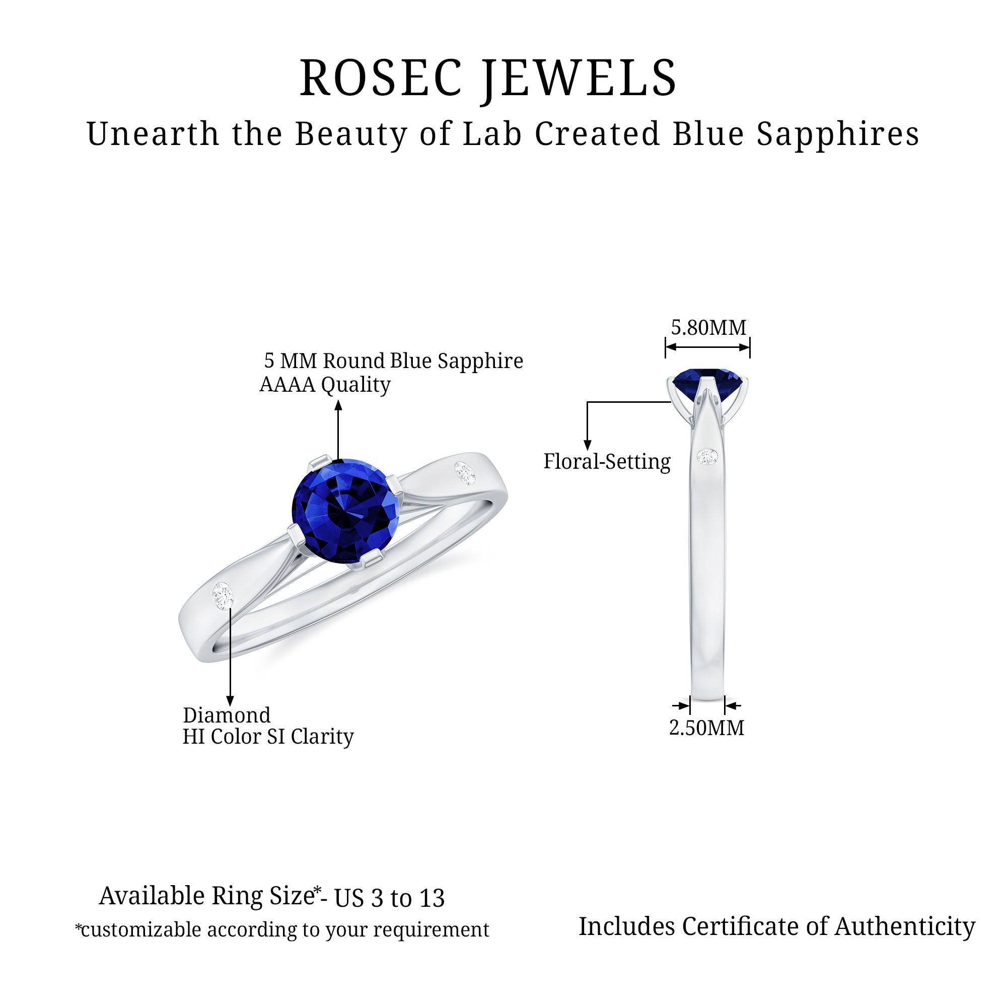Certified 0.6 Carat Lab Grown Blue Sapphire Promise Ring with Diamond AAAA - Rosec Jewels