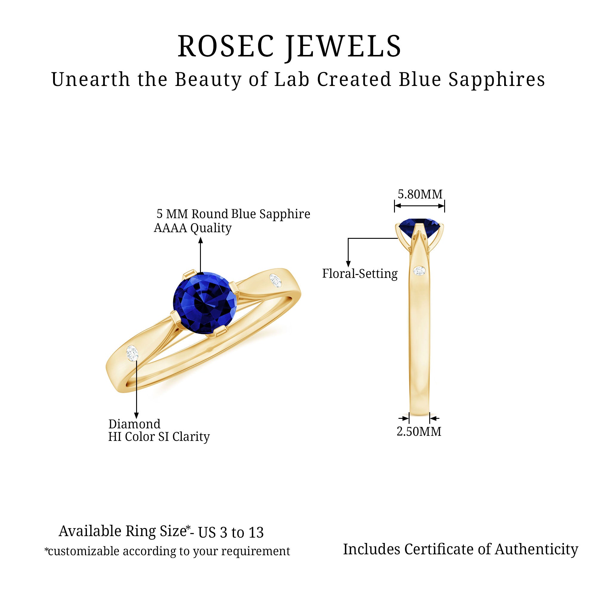 Certified 0.6 Carat Lab Grown Blue Sapphire Promise Ring with Diamond AAAA - Rosec Jewels