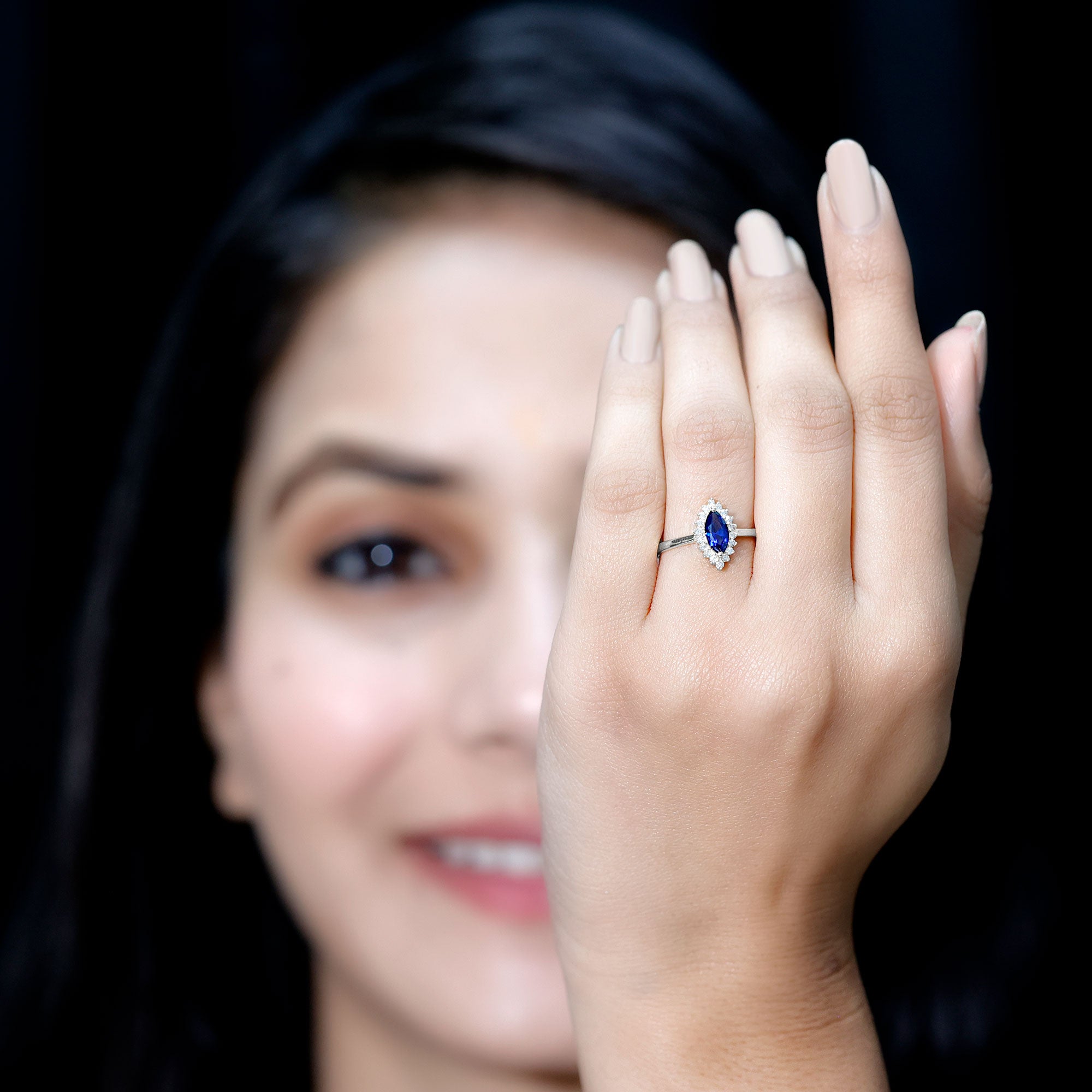 Rosec Jewels-Marquise Cut Lab Grown Blue Sapphire and Diamond Halo Engagement Ring