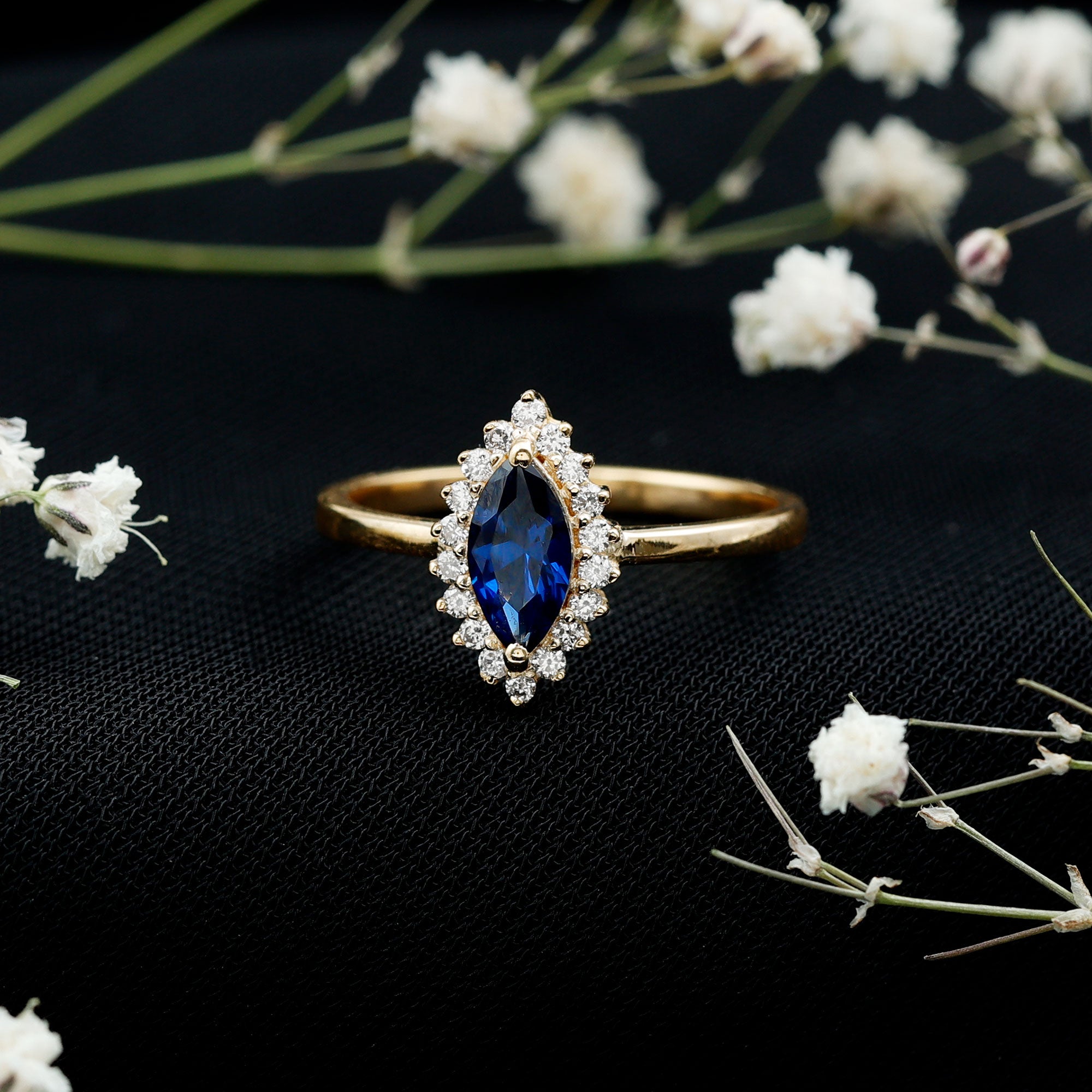 Rosec Jewels-Marquise Cut Lab Grown Blue Sapphire and Diamond Halo Engagement Ring