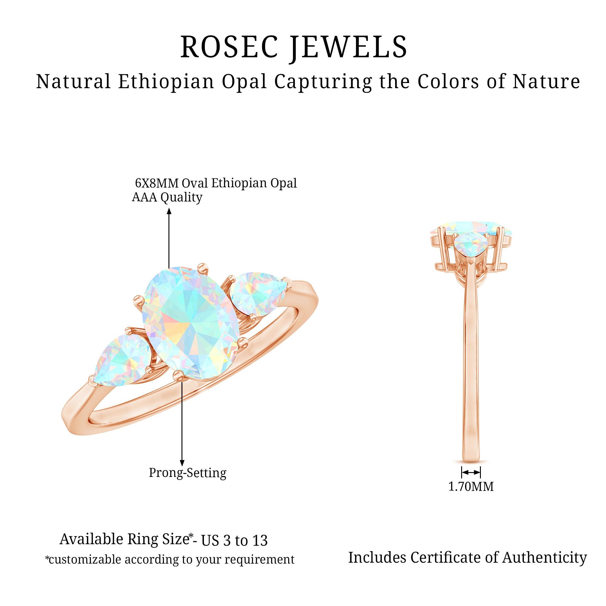 Natural Ethiopian Opal 3 Stone Engagement Ring With Certificate AAA - Rosec Jewels