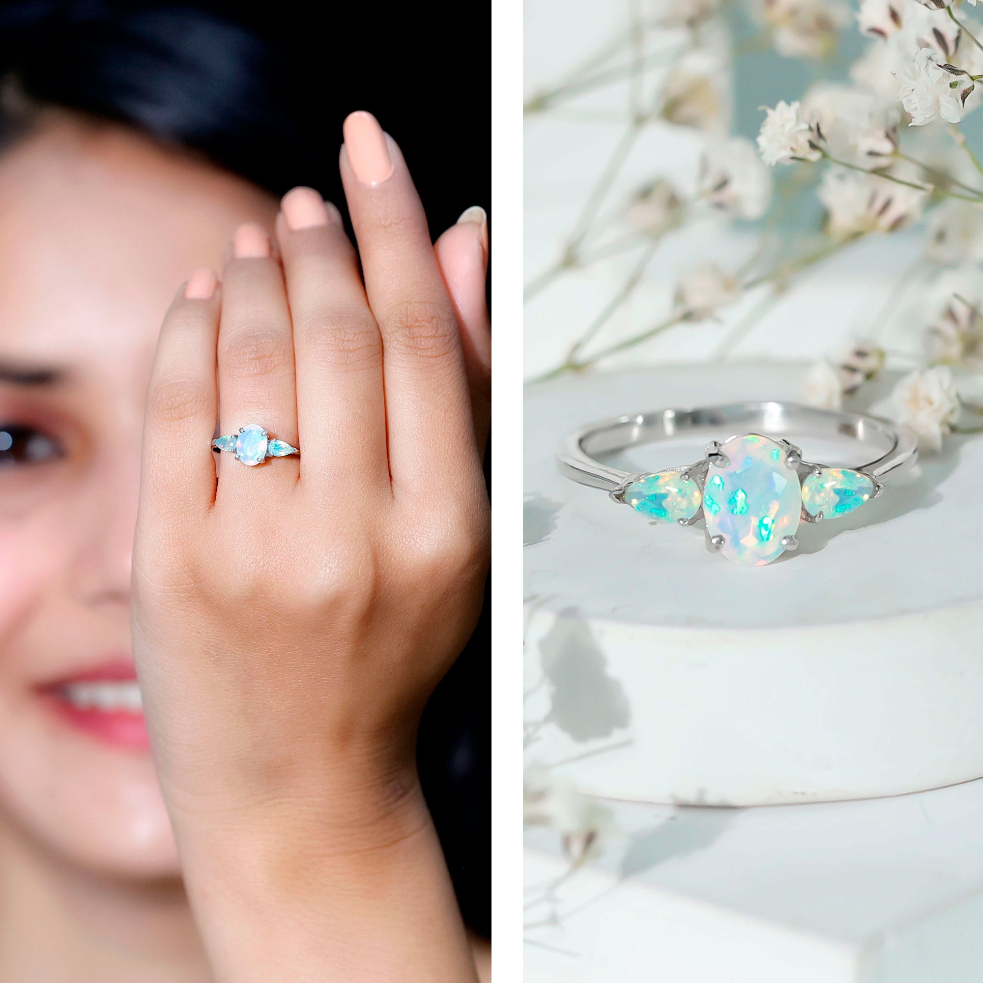 Natural Ethiopian Opal 3 Stone Engagement Ring With Certificate AAA - Rosec Jewels