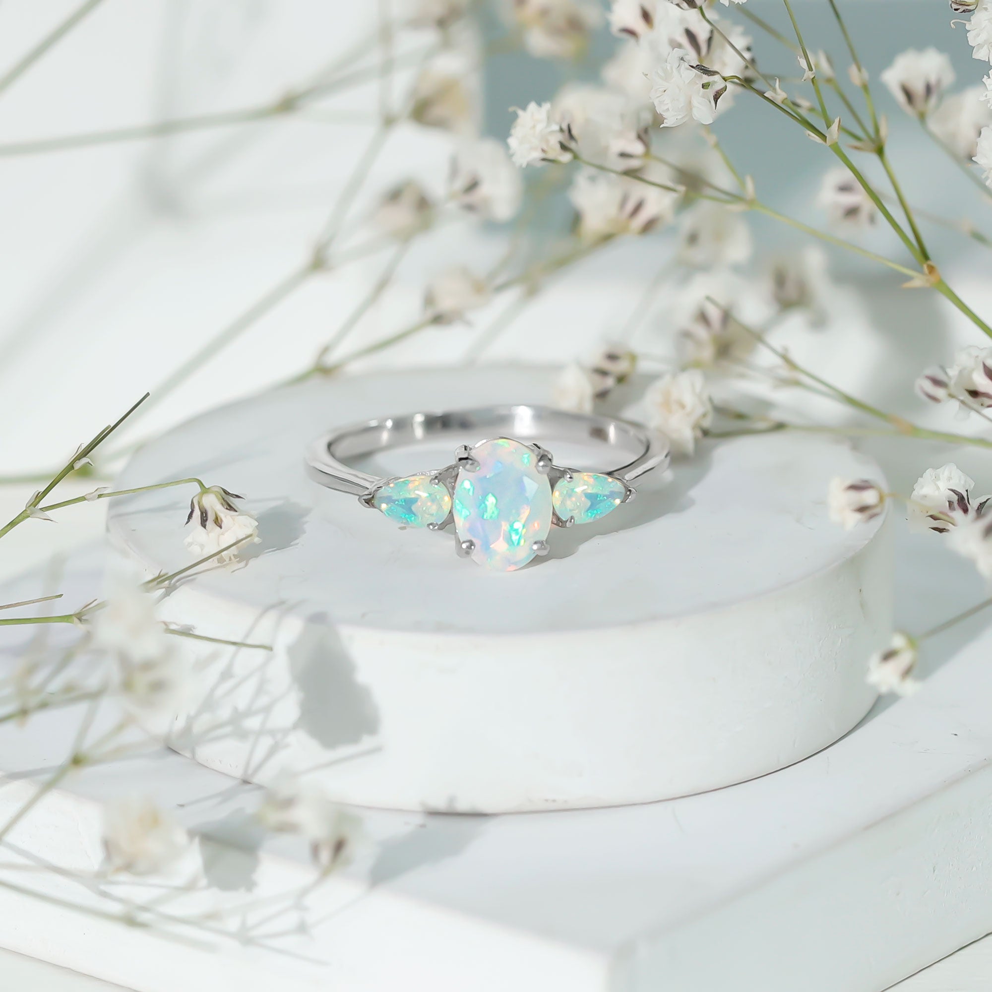 Natural Ethiopian Opal 3 Stone Engagement Ring With Certificate AAA - Rosec Jewels