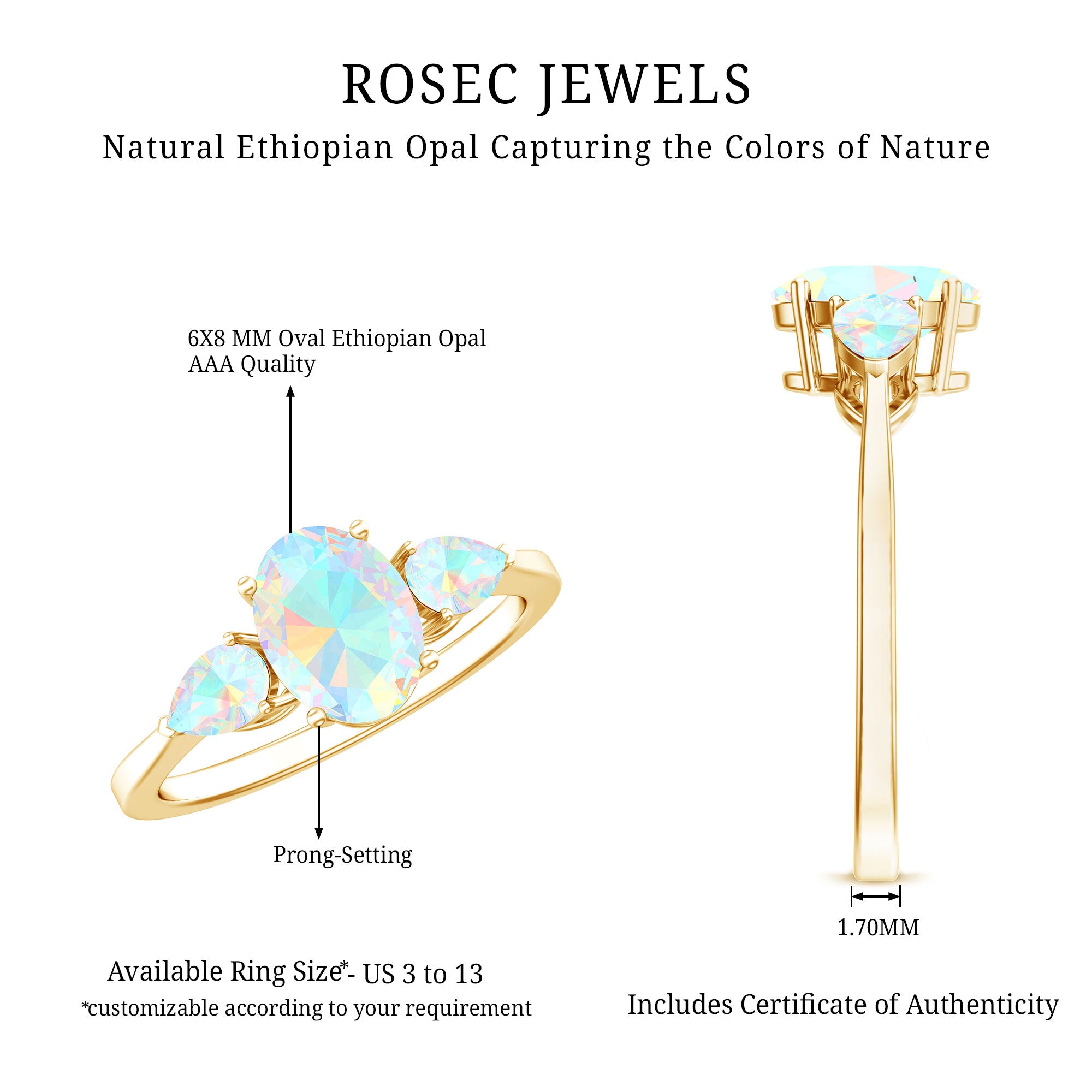 Natural Ethiopian Opal 3 Stone Engagement Ring With Certificate AAA - Rosec Jewels