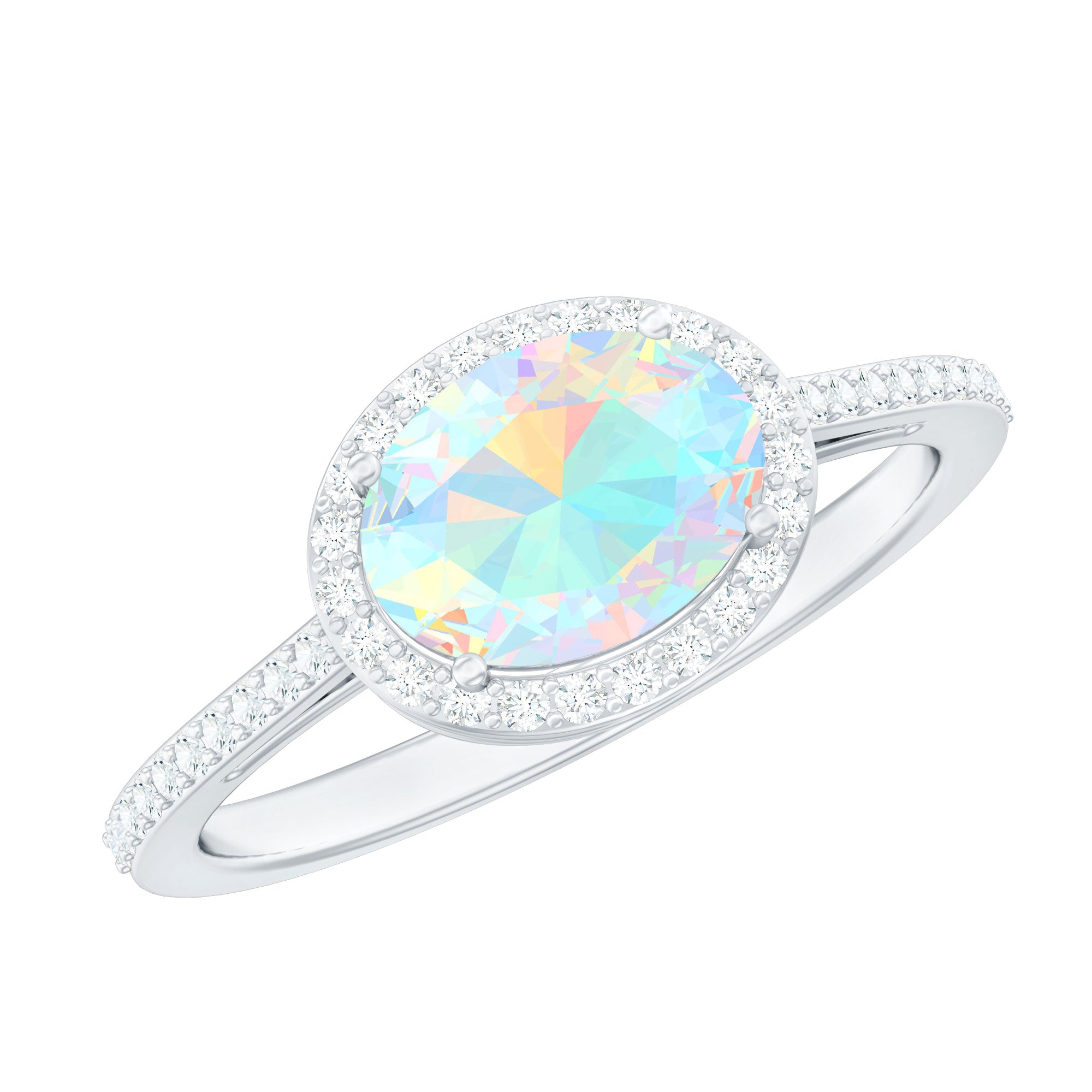 Genuine 6X8mm Oval Opalescent East West Engagement Ring with Diamond Halo