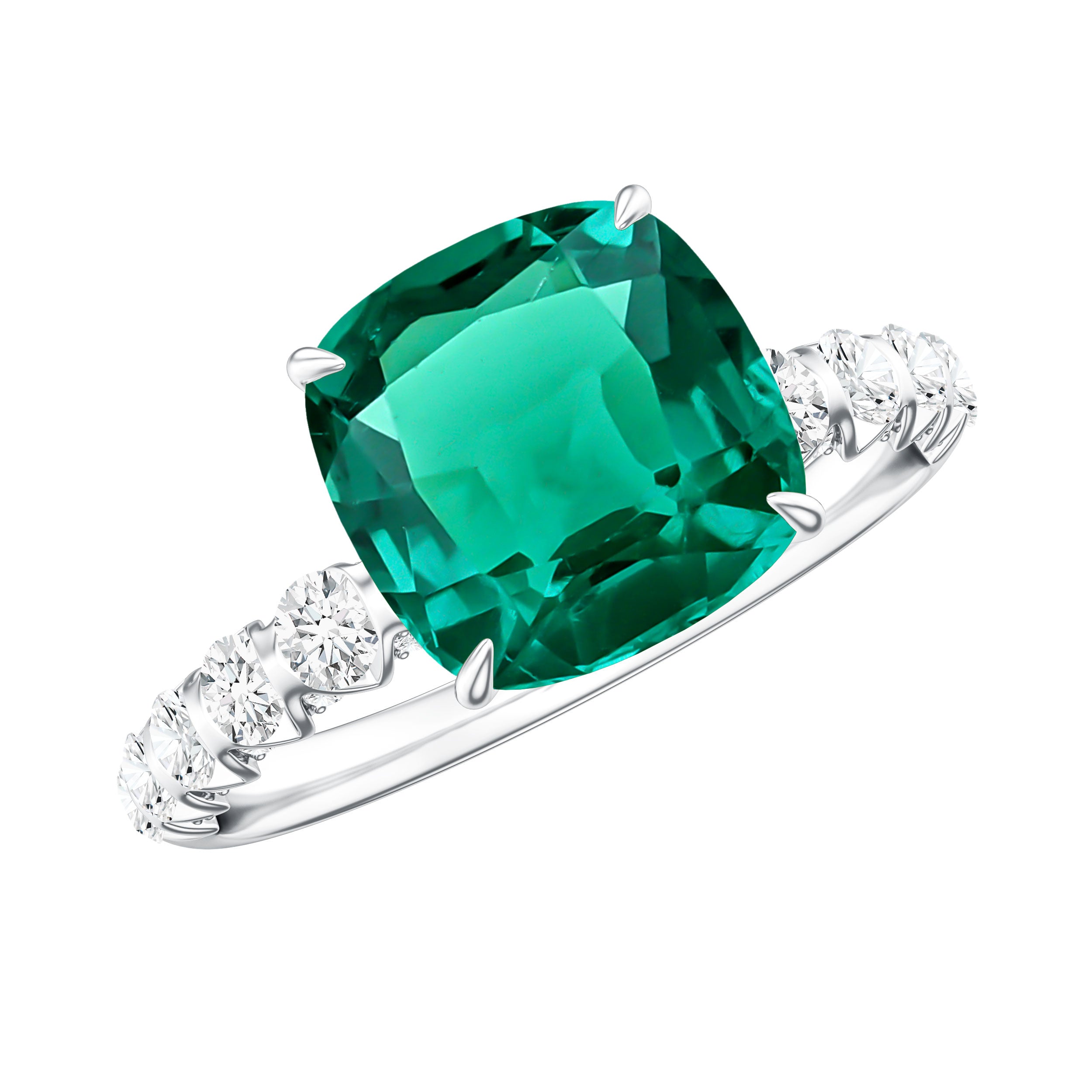 Certified Lab Grown Emerald Cushion Cut Engagement Ring with Diamond Side Stones AAAA - Rosec Jewels