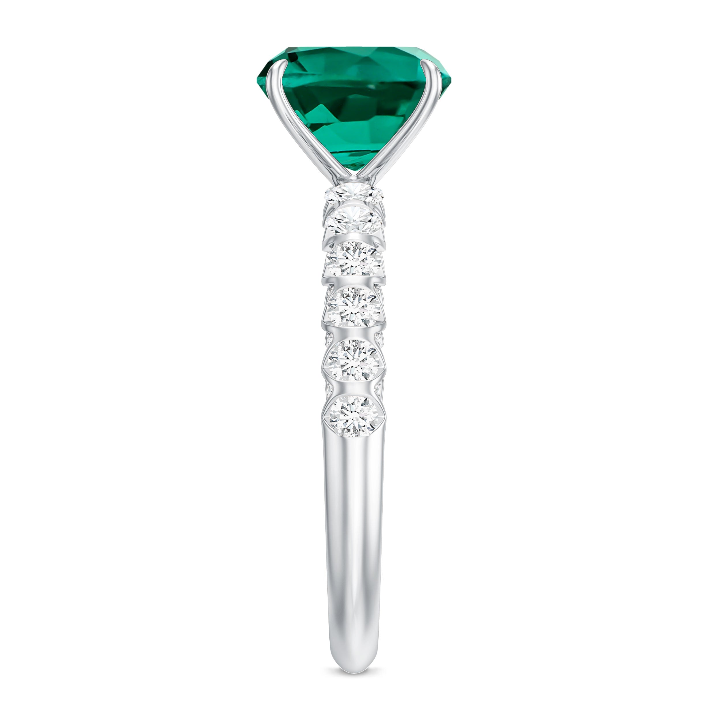 Certified Lab Grown Emerald Cushion Cut Engagement Ring with Diamond Side Stones AAAA - Rosec Jewels