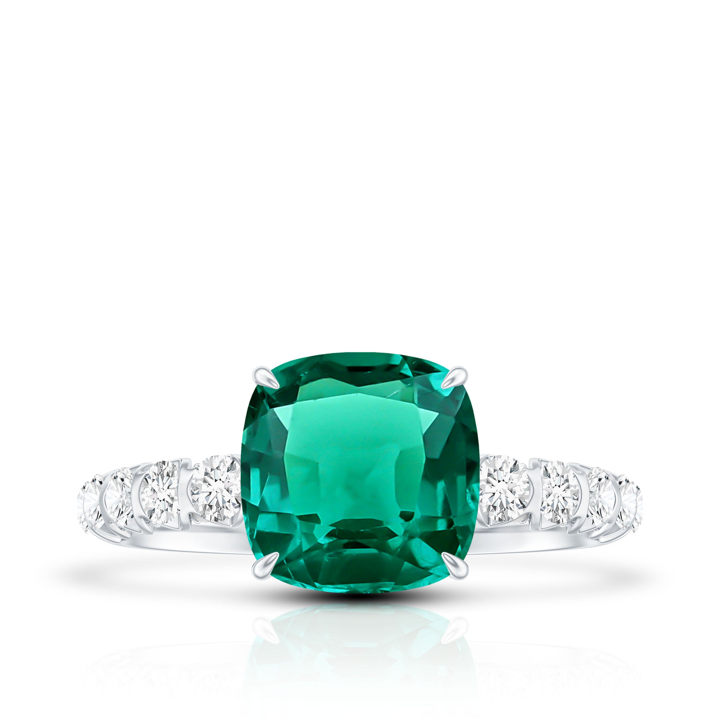 Certified Lab Grown Emerald Cushion Cut Engagement Ring with Diamond Side Stones AAAA - Rosec Jewels