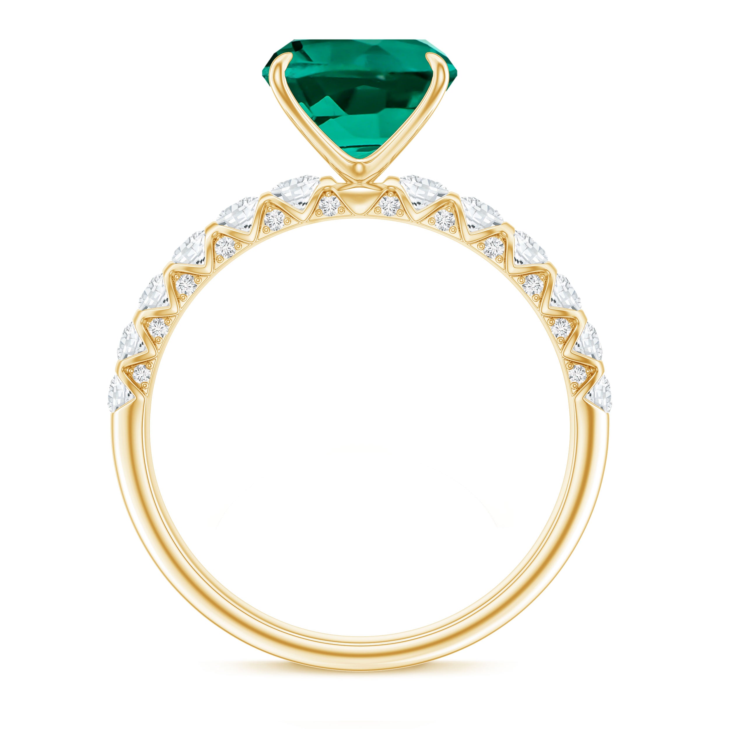 Certified Lab Grown Emerald Cushion Cut Engagement Ring with Diamond Side Stones AAAA - Rosec Jewels