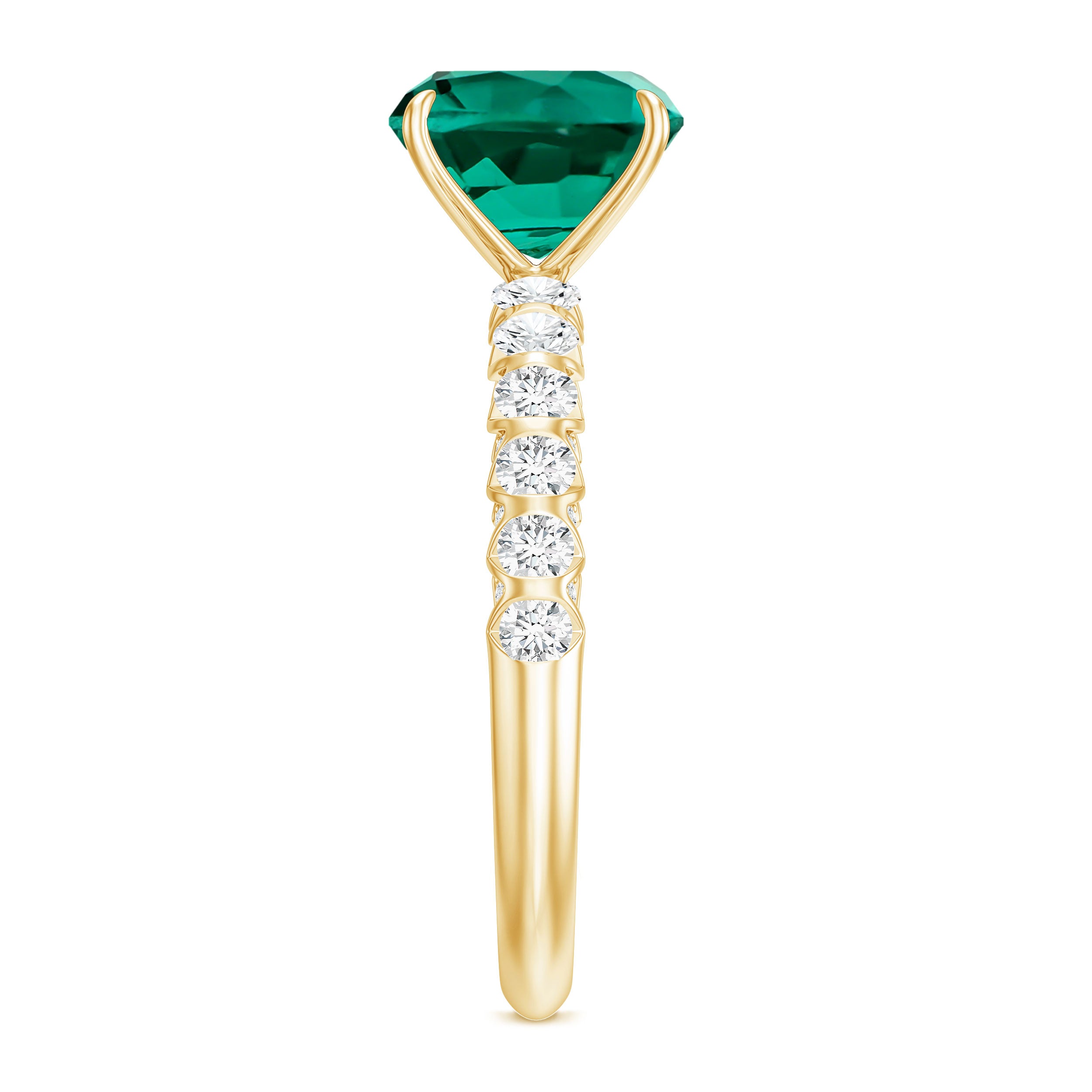 Certified Lab Grown Emerald Cushion Cut Engagement Ring with Diamond Side Stones AAAA - Rosec Jewels