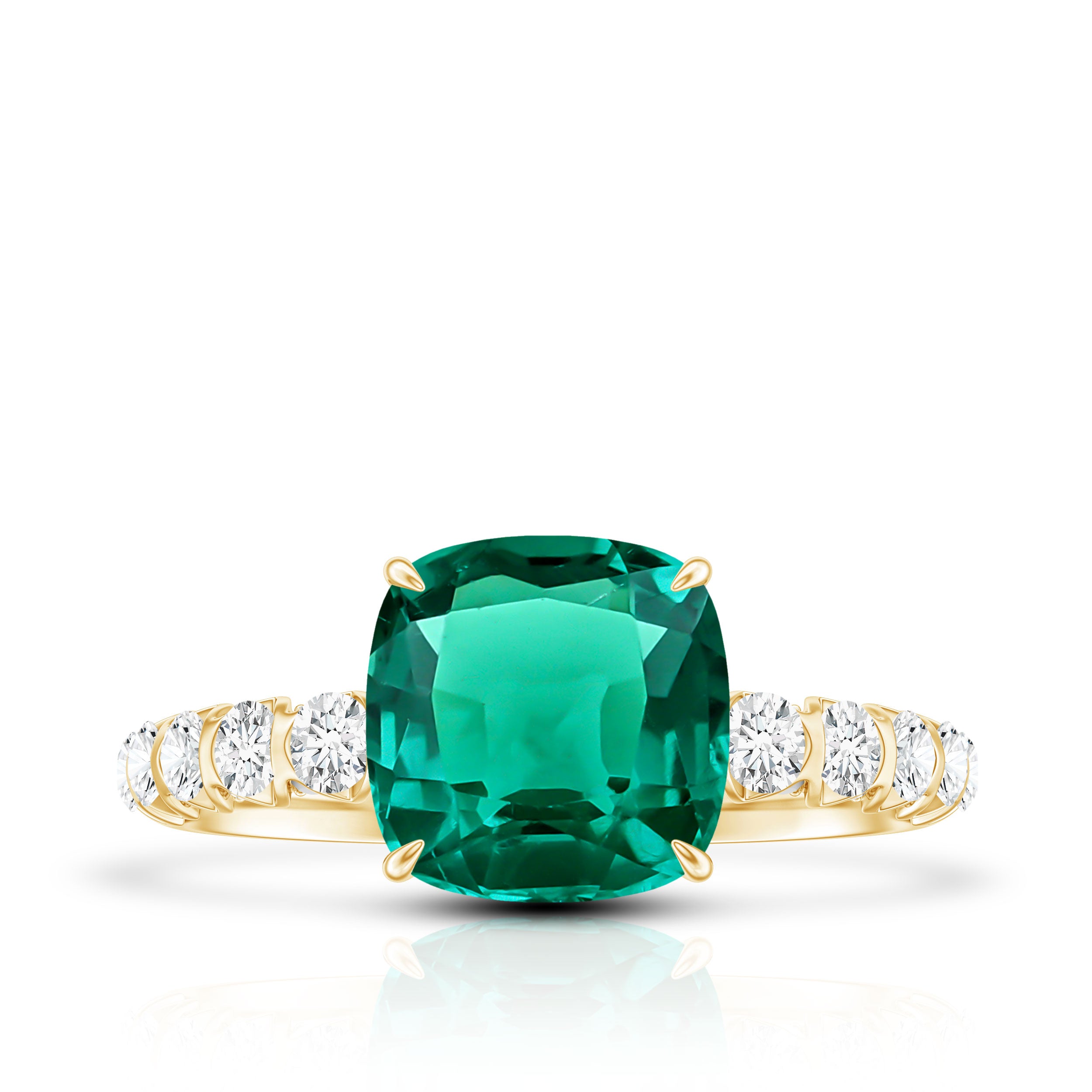Certified Lab Grown Emerald Cushion Cut Engagement Ring with Diamond Side Stones AAAA - Rosec Jewels