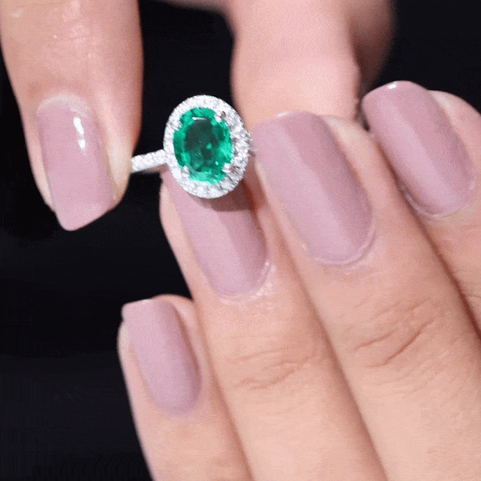 Classic Lab Grown Emerald Oval Engagement Ring with Diamond Halo AAAA - Rosec Jewels